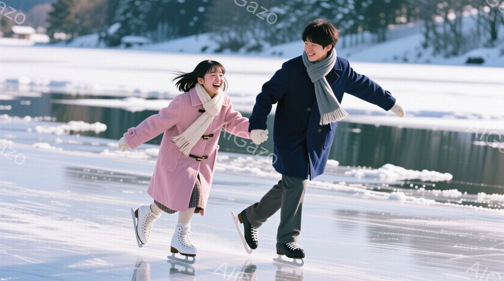 ピンク色のコートを着た少女と紺色のコートを着た少年が、氷の上で手をつないでスケートを楽しんでいる。少女はロングヘアで笑顔を見せ、少年は少し前かがみの姿勢で、こちらも嬉しそうな表情をしている。背景には雪 - AI生成フリー素材