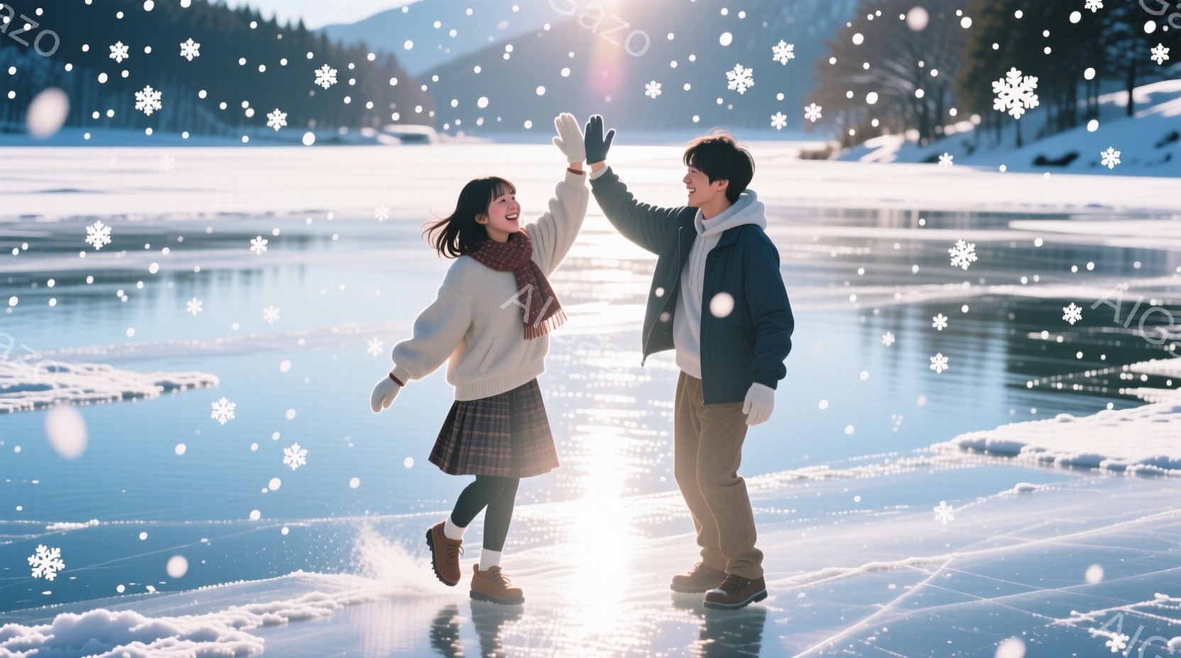 凍った湖の上で、若い男女が喜びの表情でハイタッチをしています。女性はクリーム色のセーターにチェック柄のスカート、男性は濃い青色のジャケットに茶色のズボンを着用しており、どちらも冬の寒さから身を守るため - AI生成フリー素材
