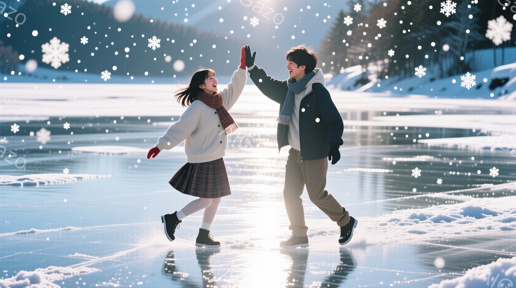 雪原の氷上で、若い男女が手をつないでスケートを楽しんでいます。女性はチェックのスカートと白いセーターを着ており、長い髪を後ろでまとめています。男性はベージュ色のズボンと白いジャケットを着ており、笑顔で - AI生成フリー素材