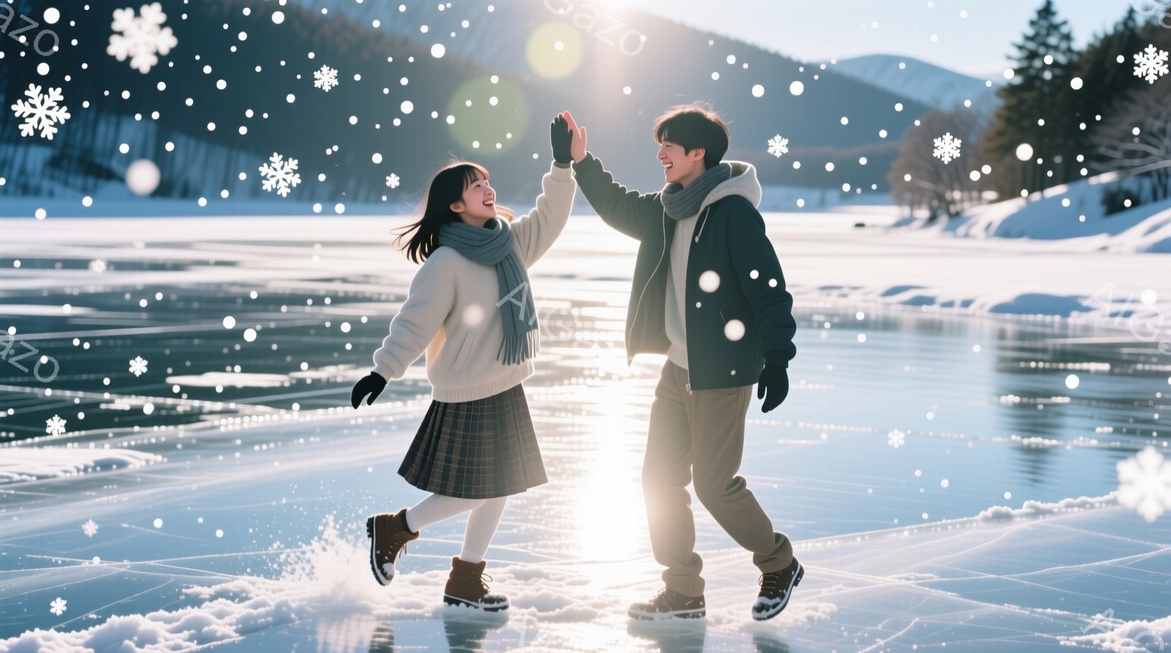 若い男女が凍った湖の上でスケートを楽しんでいる様子が描かれています。女性は白いセーターにチェック柄のスカート、男性は黒いジャケットを着ており、両者とも手袋を着用しています。背景には雪をまとった山々と白く輝く景色が広がり、二人は互いにハイタッチをして喜びを分かち合っている様子から、温かく幸せな雰囲気が伝わってきます。