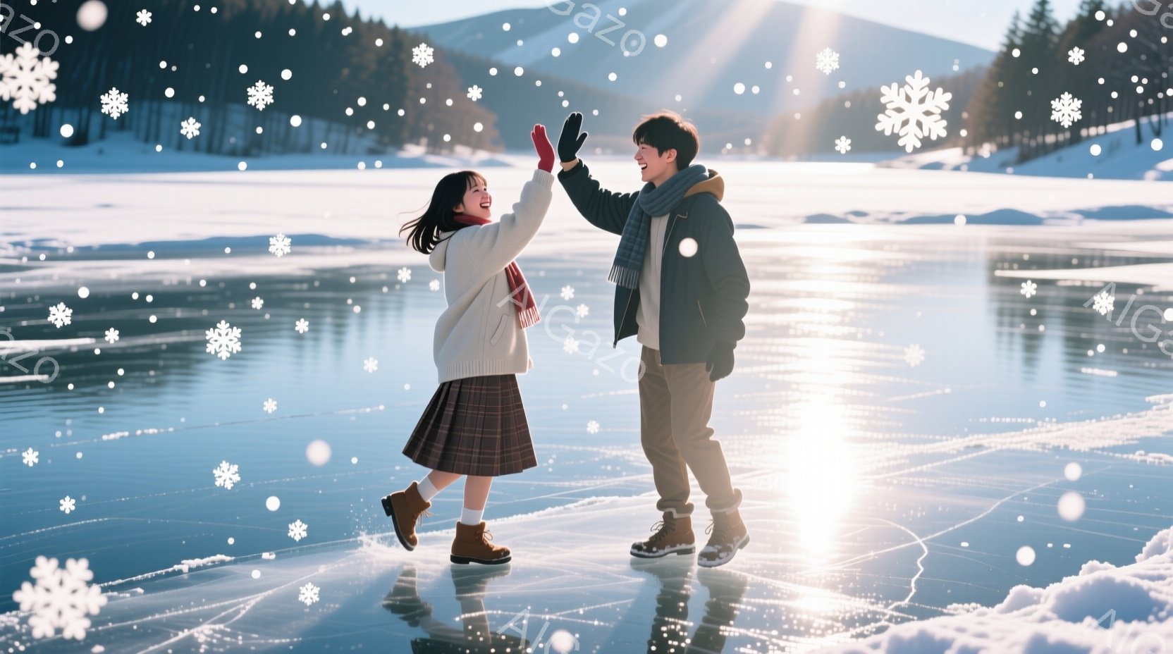 凍った湖の上で、若い男女がハイタッチをしている。女性は膝丈のプリーツスカートとセーターを着て、ブーツを履いている。男性は黒いジャケットとズボンを着用し、赤いマフラーを巻いている。背景には雪を頂いた山々と、太陽の光が差し込む冬の風景が広がっている。