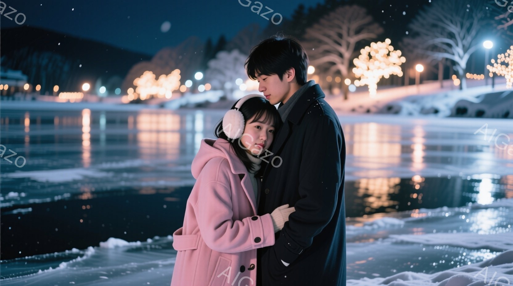 若い女性はピンク色のコートと白い耳あてを着用し、男性は黒いコートを着ています。二人は雪に覆われた地面で寄り添い、女性は少し顔を上げて男性を見上げています。背景には、光り輝く街灯と雪に覆われた木々が見え、夜空には星が輝き、ロマンチックで静かな雰囲気を醸し出しています。