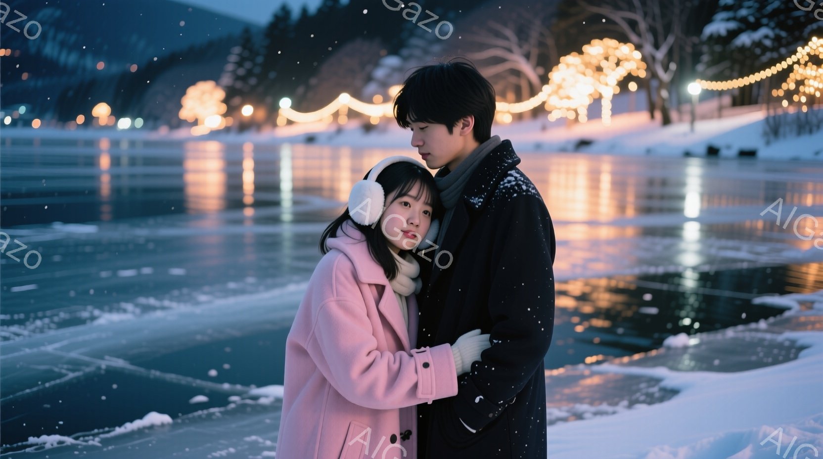 少女はピンク色のコートとヘッドホンを着用し、暖かい笑顔を浮かべている。彼女は黒いコートを着た少年と寄り添い、両腕を組み合っている。背景には雪景色が広がり、遠くには光る建物と木々が見え、ロマンチックで穏 - AI生成フリー素材