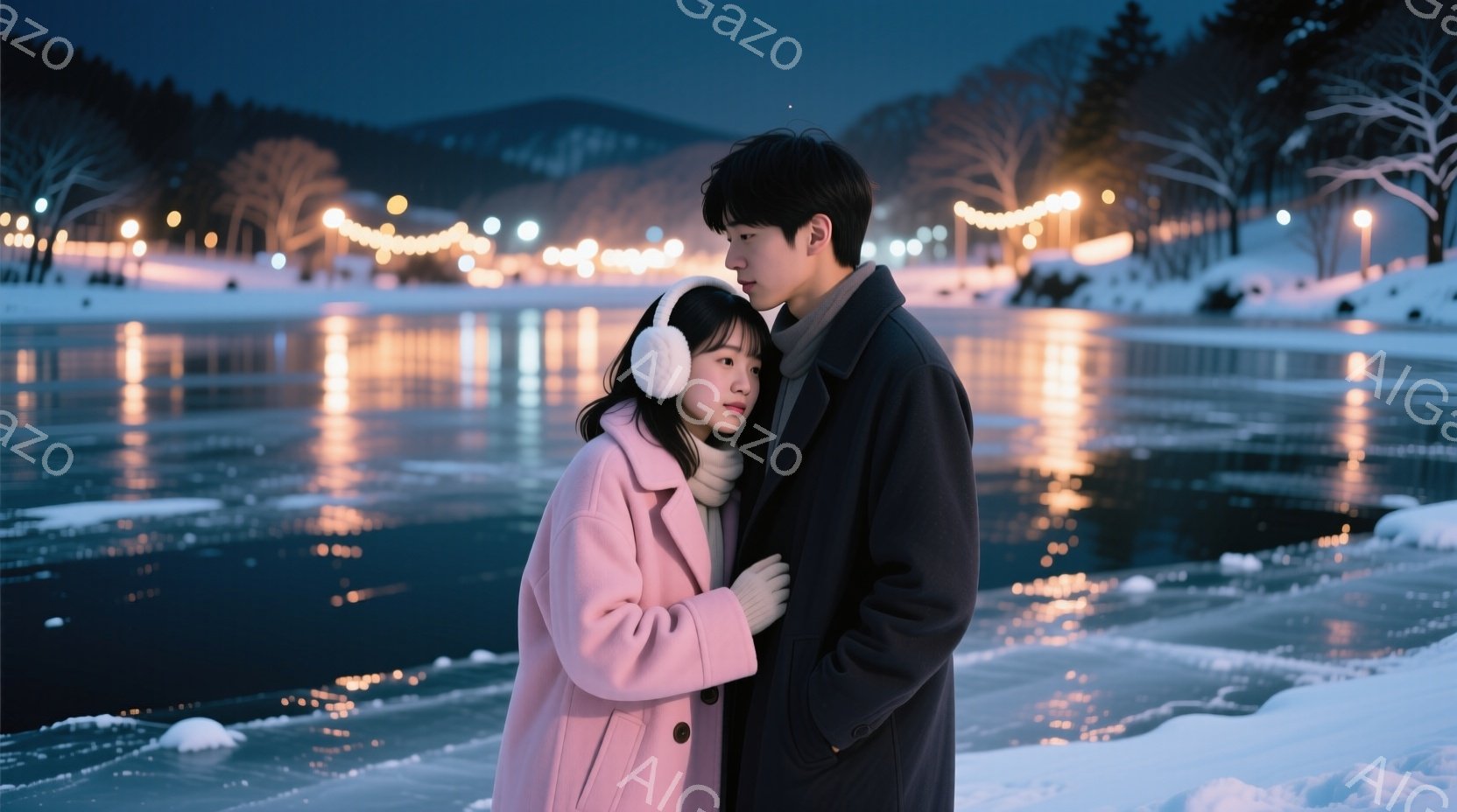 若い女性と男性が寄り添って立っている様子が写っています。女性はピンク色のコートに白い耳あてをつけており、男性は黒いコートを着ています。背景には雪景色が広がり、水面には光が反射し、ロマンチックで穏やかな - AI生成フリー素材