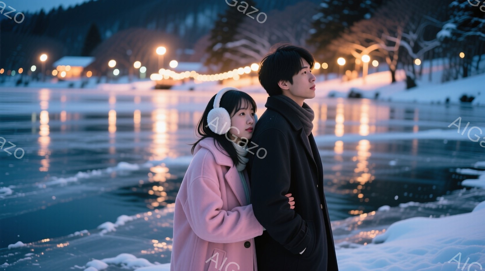 凍った湖畔で、若い男女が寄り添って立っている。女性はピンク色のコートにヘッドホンをつけ、男性は黒いコートとマフラーで暖かく身を包んでいる。背景には、ライトアップされた建物と雪に覆われた山々が広がり、静 - AI生成フリー素材