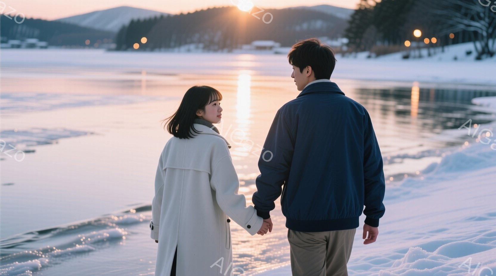凍てつく湖畔で、一対の男女が手をつないで立っている。女性は白いロングコートにダークヘア、男性は紺色のジャケットにベージュのパンツ姿で、共に正面を向いているが、顔は見えない。背景には雪をまとった山々と、夕焼けのようなオレンジ色の空が広がり、静かで穏やかな冬の雰囲気を醸し出している。