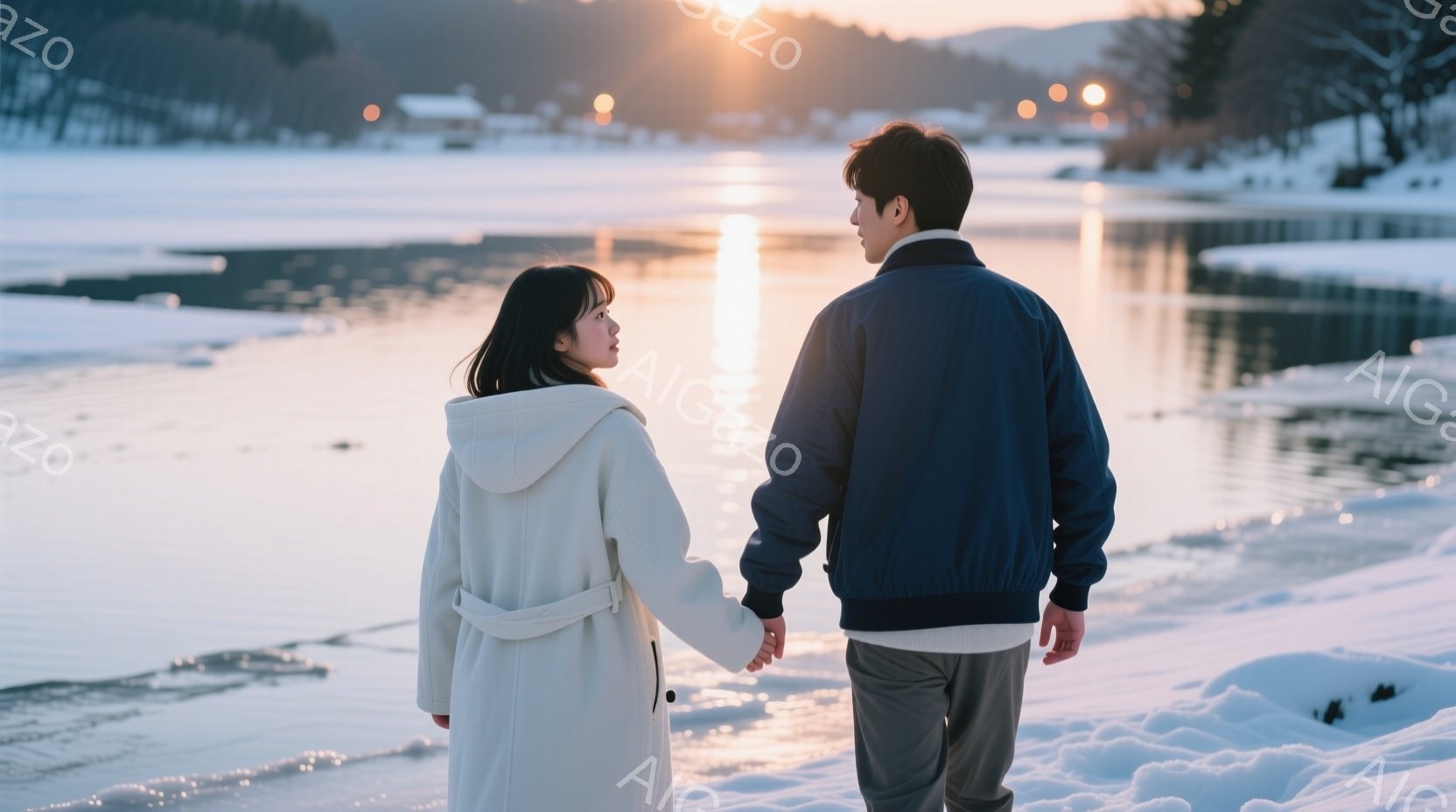 白いコートを着た女性と紺色のジャケットを着た男性が、雪に覆われた道を並んで歩いている。二人は手をつないでおり、後ろ姿から穏やかで親密な雰囲気が伝わる。背景には凍った湖と遠くの建物が見え、夕焼けの光が湖面を照らし、冬の静けさと暖かさを感じさせる。