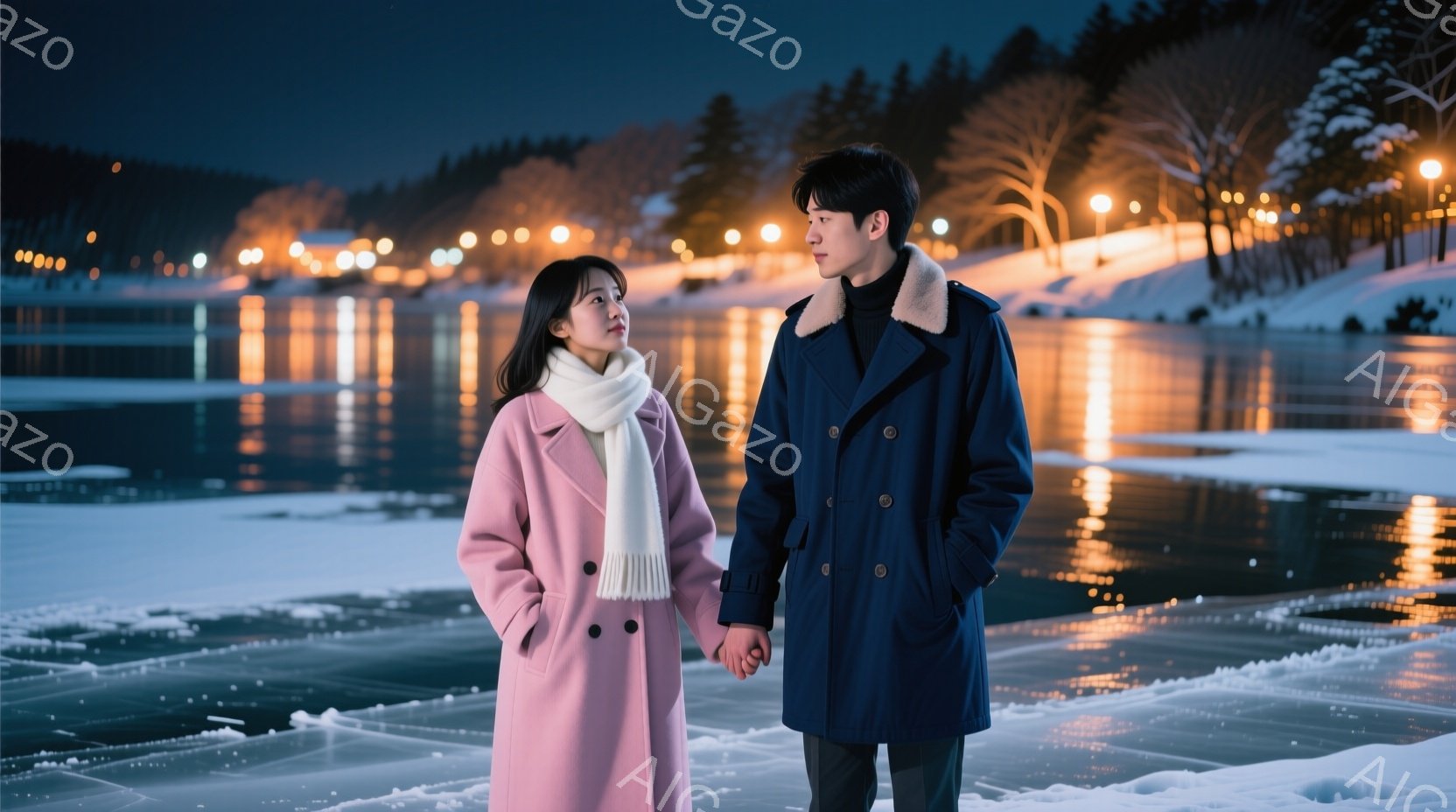 氷の上に立つ若い男女が寄り添っている。女性はピンク色のコートに白いマフラーを巻き、男性は濃い青色のピーコートを着ている。背景には雪景色が広がり、街の明かりが水面に反射して幻想的な雰囲気を醸し出している。