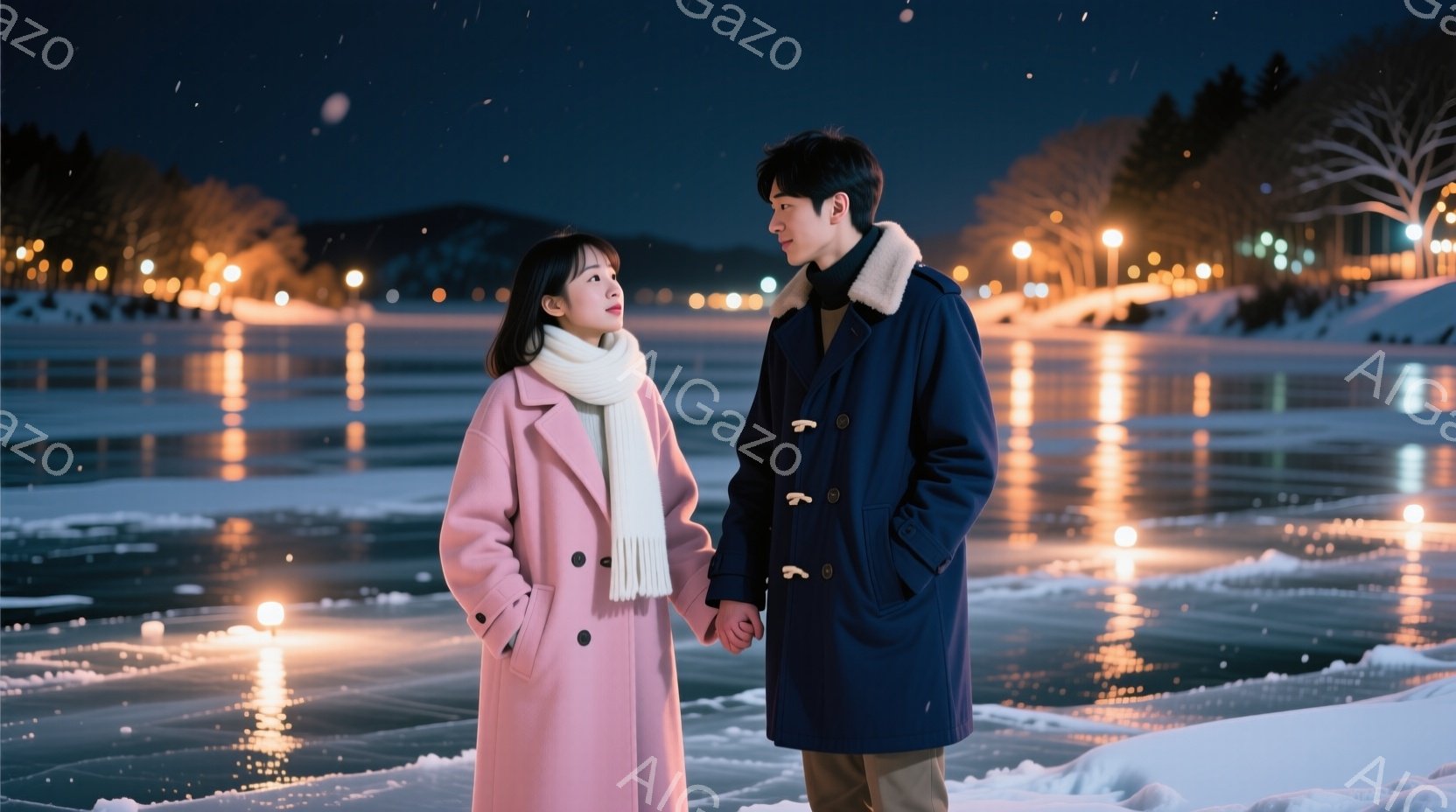 雪景色の中で寄り添う若い男女が写っています。女性はピンク色のコートに白いマフラーを巻き、男性は濃い青色のコートを着ており、互いに手をつないでいます。背景には、ライトアップされた建物と雪に覆われた風景が広がり、ロマンチックで穏やかな雰囲気を醸し出しています。