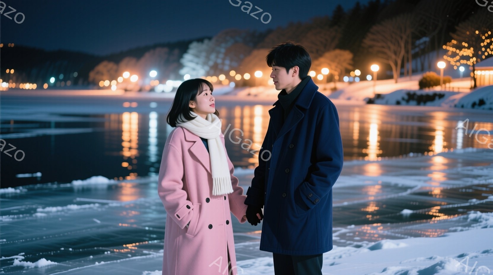雪景色の中で寄り添う男女が写っています。女性はピンク色のコートに白いマフラーを巻き、男性は濃い青色のコートを着ています。二人は凍った湖のほとりで向き合い、わずかに微笑んでいるように見え、背景には光り輝 - AI生成フリー素材