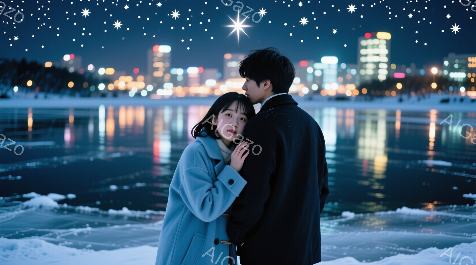 街の明かりが水面に反射する雪景色の中で、一対の男女が寄り添っている。女性は水色のコートを着ており、黒髪を肩のあたりで切り揃えている。男性は黒いコートを着ており、女性を優しく抱きしめている様子から、二人 - AI生成フリー素材