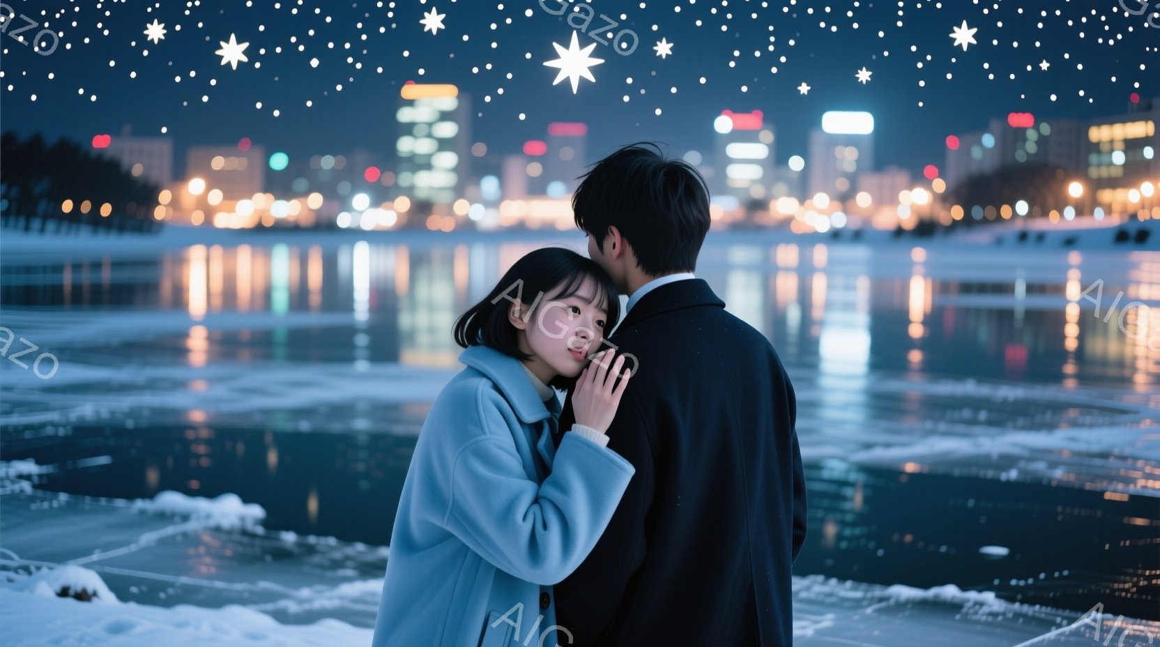 紺色のコートを着た男性が、水色のオーバーコートを着た女性の頬に手を添れている。二人は寄り添い、女性は目を閉じ、少し微笑んでいるように見える。背景には、夜景が広がる都市の明かりと、雪が降る冬の景色が広が - AI生成フリー素材