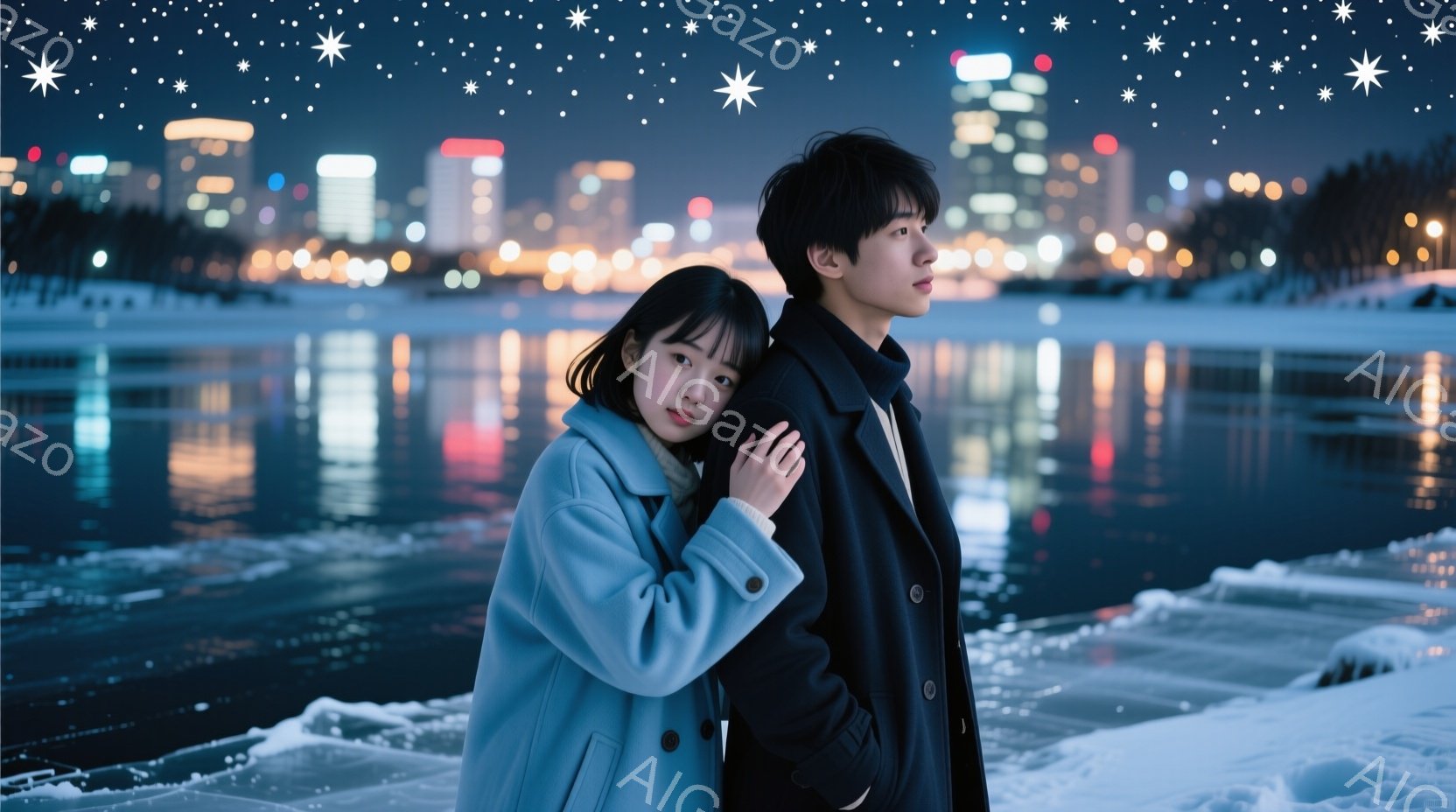 凍った湖畔に立つ若い男女が写っています。女性は明るい水色のコートを着ており、肩までの黒髪に少し内巻きにしたスタイルです。男性は黒いコートを着ており、少し横を向いており、女性は彼にもたれかかっており、二人は夕暮れの街並みを眺めているようです。