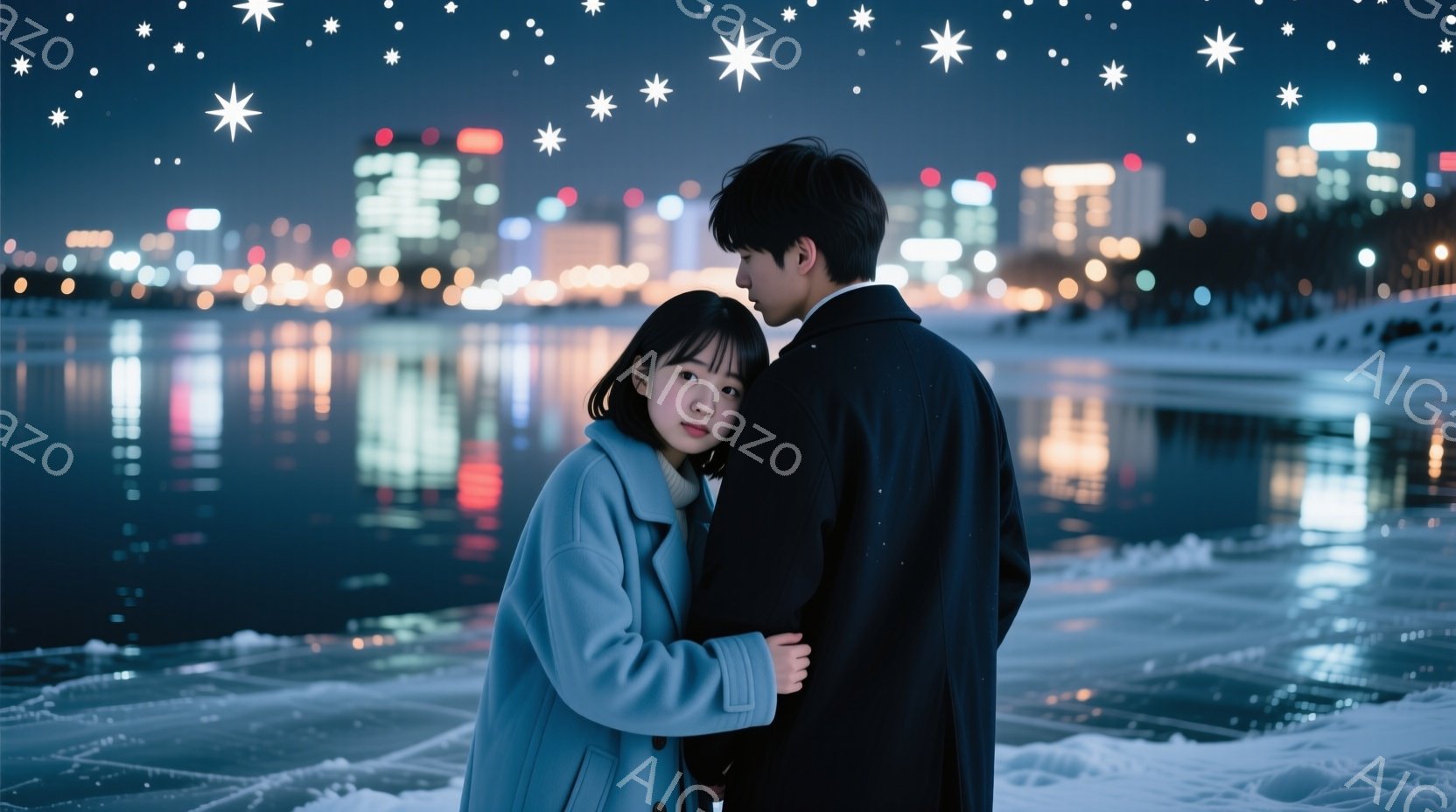 青年と女性が寄り添い、冷たい夜の湖畔に立っている。女性は水色のコートを着ており、肩まで届く黒髪は風になびいている。背景には、夜景が輝く街並みが広がり、凍った湖面が星空のようにきらめいている。
