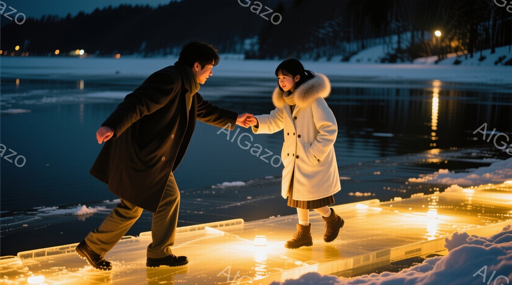 雪に覆われた湖の上に、一対の男女が氷の板の上を歩いている。男性は黒いコートに黒い靴を履き、女性は白い冬のコートと茶色のブーツを着用し、髪を後ろで結んでいる。背景には雪に覆われた山々と、ぼんやりとした街 - AI生成フリー素材