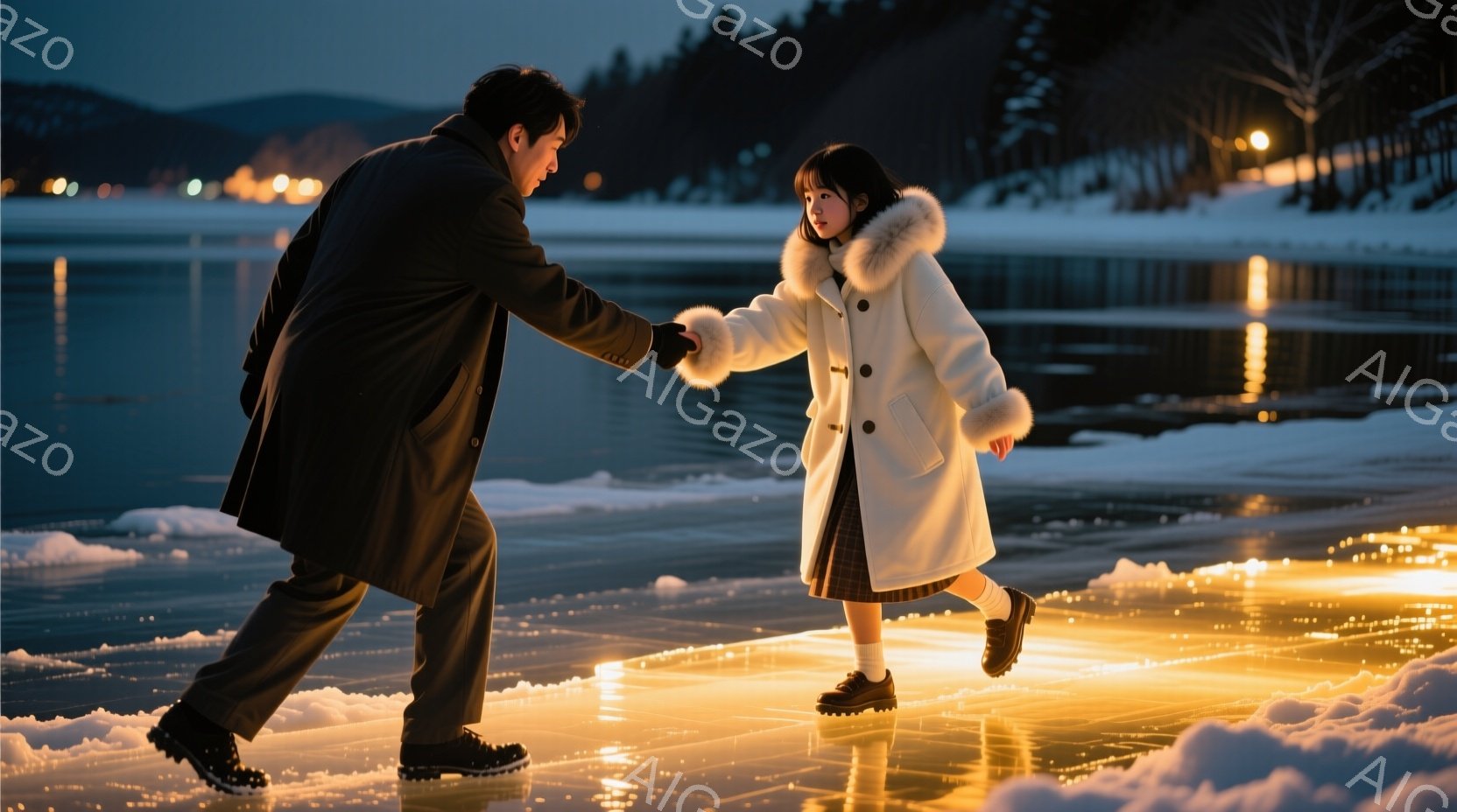 男子は黒いコートと黒い靴を履いており、少女は白いファー付きのコートとチェックのスカート、黒い靴を履いています。男性は少女の手を握り、氷の上を歩くのを助けており、両者とも前方を向いて少し歩いています。背景には、薄暗い光の中で雪に覆われた山々が広がり、凍った湖が暖かく照らされ、冬の穏やかで心温まる雰囲気が漂っています。