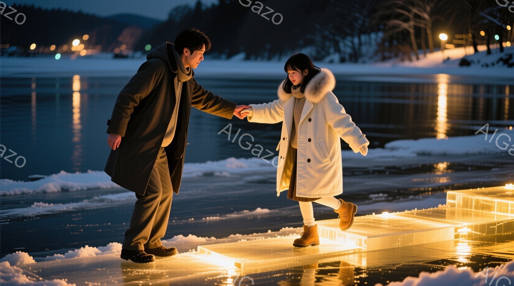 凍った湖の上に作られた光る氷の道の上を、父親と思われる男性と幼い少女が手をつないで歩いている。少女は白いファー付きのコートと茶色のブーツを履き、男性は黒いコートを着ている。背景には雪景色が広がり、遠くにはぼんやりと建物や街灯が見え、幻想的で温かい雰囲気を醸し出している。