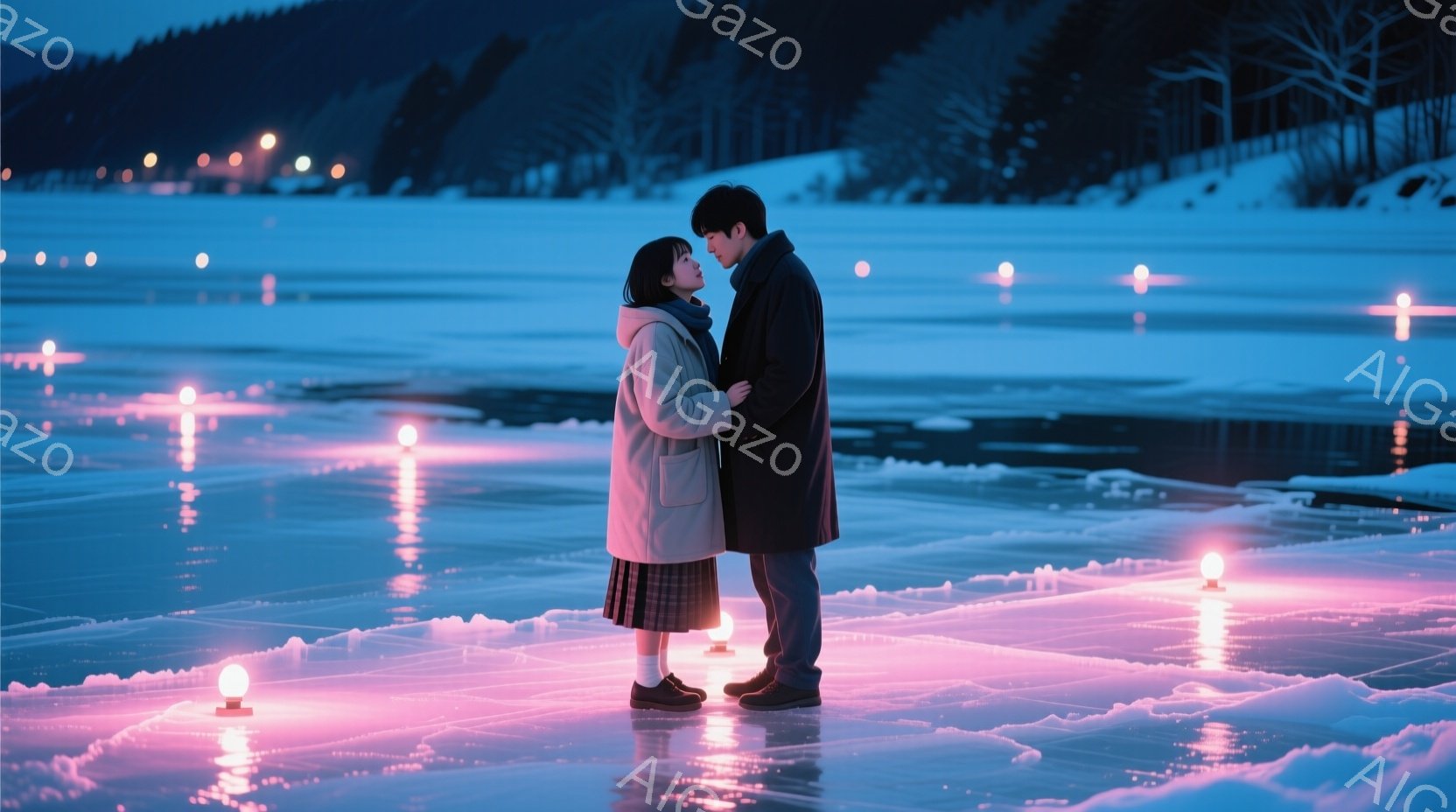 凍てつく湖上で、コートを着た男女が寄り添い合っている。女性はクリーム色のオーバーサイズのコートにチェックのスカート、黒い靴を履き、髪は肩まで伸ばして軽くウェーブがかかっている。男性は黒いコートを着てお - AI生成フリー素材