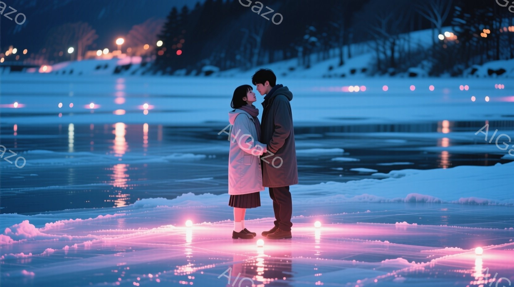雪に覆われた氷上に男女が寄り添い、互いを見つめ合っている。女性は白いコートとスカートを着用し、髪を後ろでまとめており、男性は濃い色のコートを着ている。氷上には無数の光が灯り、背景には暗い森とぼんやりと - AI生成フリー素材