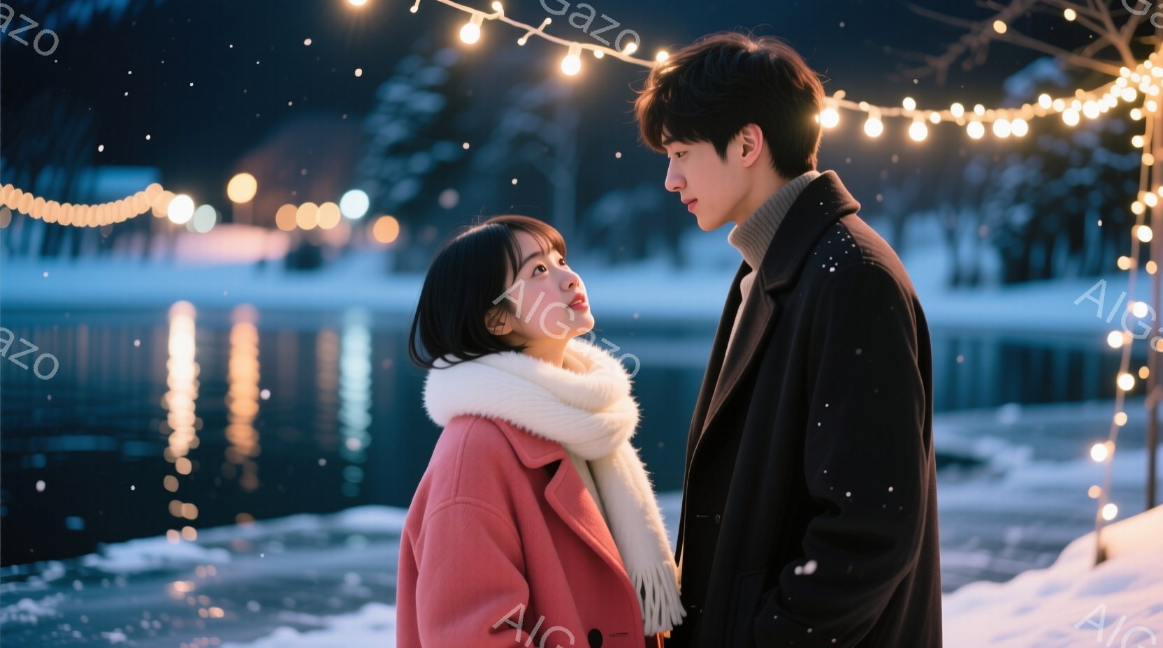 雪景色の中で向かい合って立つ男女が写っています。女性は短い茶髪で、ピンク色のコートと白いマフラーを着用し、男性を見上げています。男性は黒いコートを着ており、やや眉間にしわを寄せ、女性を見下ろしています。背景にはぼやけた建物と、光るイルミネーションがあり、全体的に冬のロマンチックな雰囲気を醸し出しています。