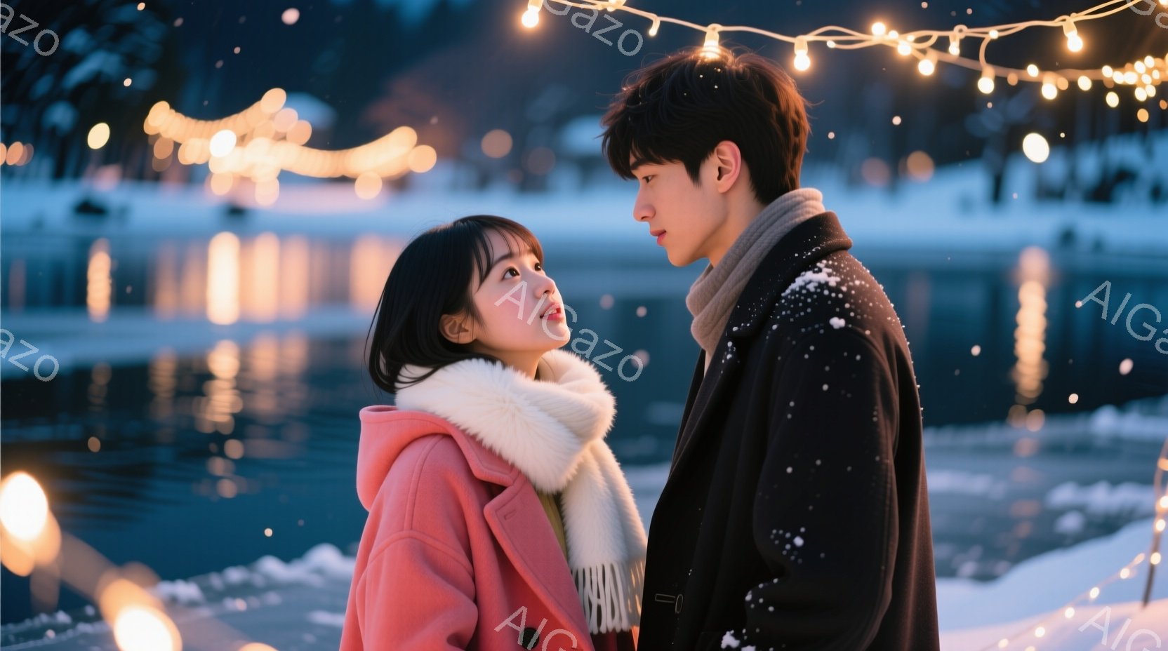 雪が降る夜の屋外で、若い男女が寄り添って立っています。女性はピンク色のコートに白いマフラーを巻き、ショートヘアで、少し上目遣い、微笑んでいます。男性は黒いコートを着て、横顔で、女性を見つめており、背景 - AI生成フリー素材