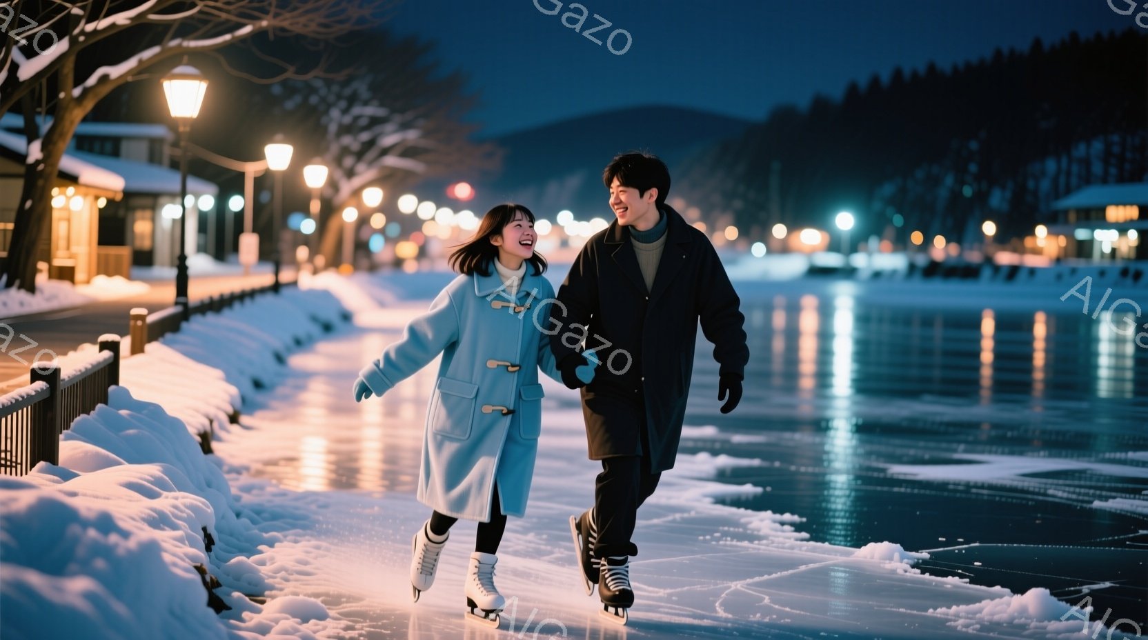 雪に覆われたスケートリンクで、若い男女が手をつないで楽しそうにスケートをしている。女性は水色のコートに黒いレギンス、男性は黒いコートを着ており、ともに笑顔を浮かべている。背景にはライトアップされた建物と雪に覆われた木々が見え、冬の夜の暖かくロマンチックな雰囲気が漂っている。