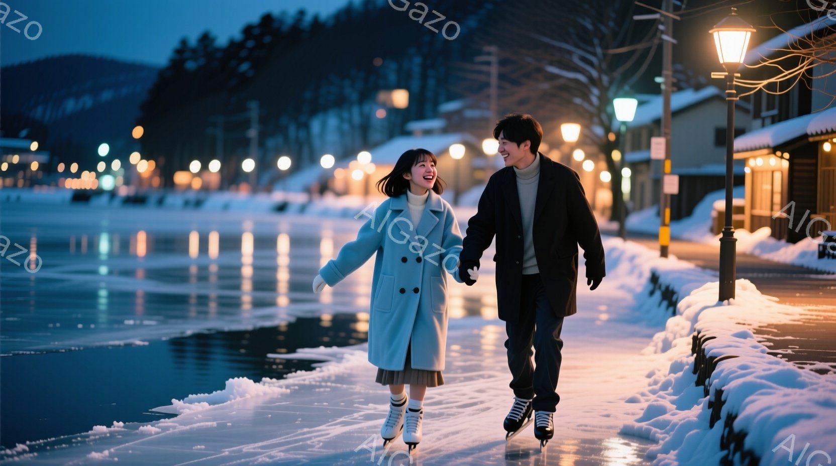 アイススケートリンクで手をつないで滑る若いカップルが写っています。女性は水色のコートに灰色のスカート、男性は黒のコートとジーンズを着用しており、共に笑顔を見せています。背景には雪に覆われた建物や木々、 - AI生成フリー素材