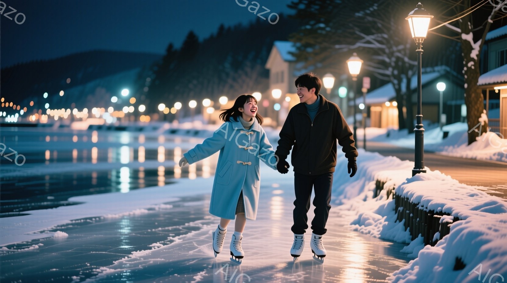 雪の降る夜、若い男女がアイススケートを楽しんでいる様子が描かれています。女性は水色のロングコートを着ており、長い髪が風になびいています。男性は黒いジャケットとズボンを着用し、二人は手をつないで笑顔で滑 - AI生成フリー素材