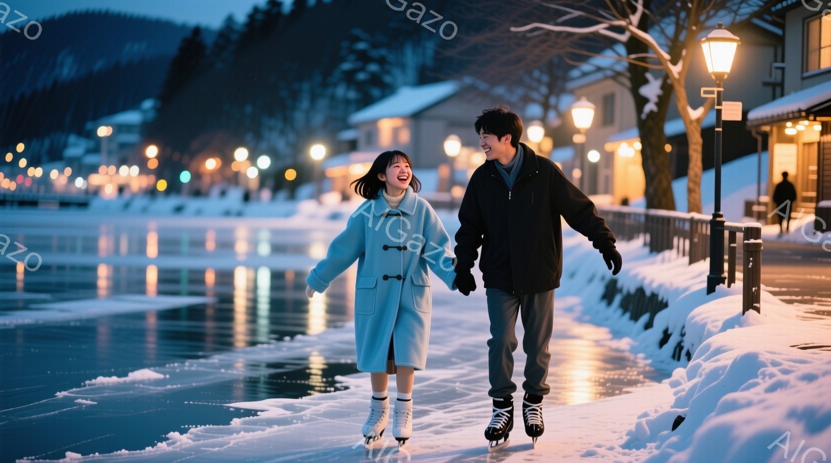 リンクで手をつないでスケートをする若い男女が写っている。女性は水色のコートを着ており、長い黒髪が肩にかかっている。男性は黒いコートを着ており、二人は笑顔で楽しんでいる様子が伺える。 - AI生成フリー素材