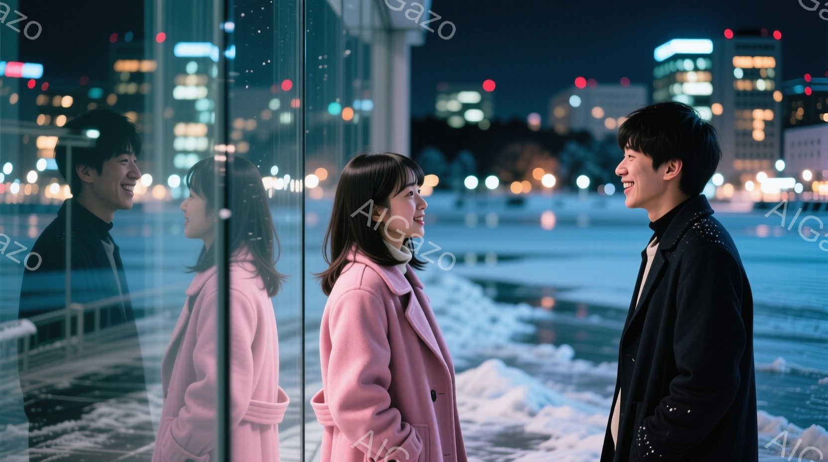 青年と女性がガラス張りの壁の前で向き合って微笑んでいます。女性はピンク色のコートを着ており、肩まで届くダークブラウンの髪をしています。背景には夜景が広がり、水面には波が立っており、寒々とした冬の夜の雰囲気が漂っています。