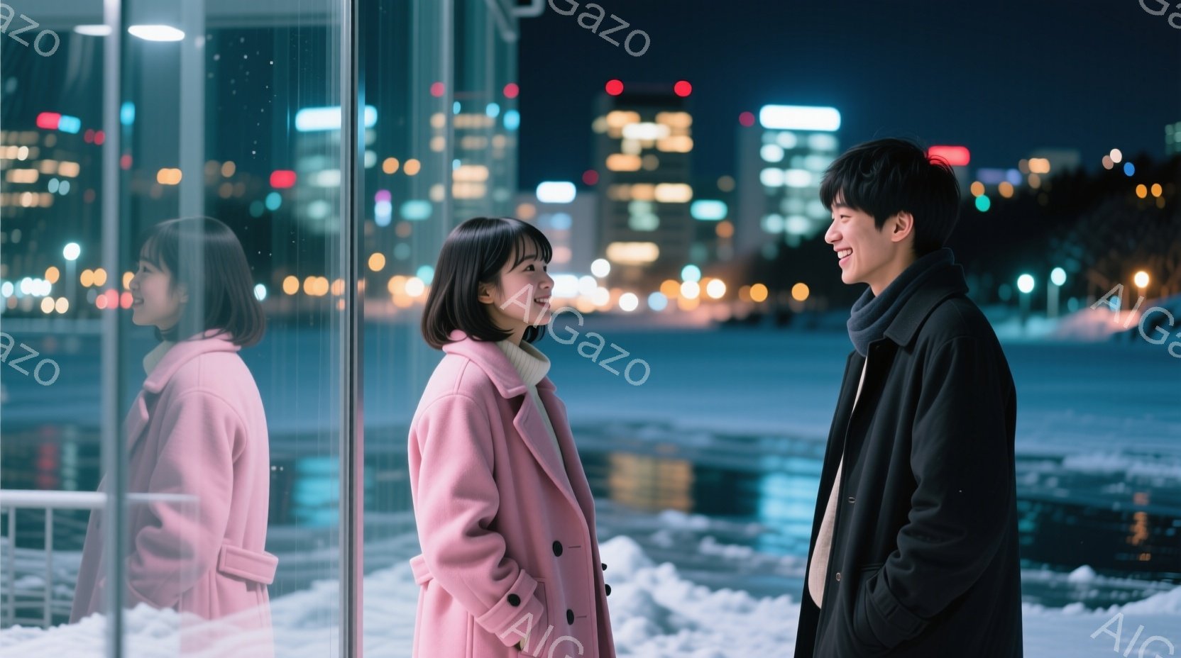 若い女性がピンク色のコートを着て、短い髪で微笑んでいます。彼女の隣には、黒いコートを着た若い男性がいて、お互いを見つめ合い、楽しそうに笑っています。背景には、夜景のビル群と凍った湖面が広がり、冬の夜の暖かくロマンチックな雰囲気を醸し出しています。