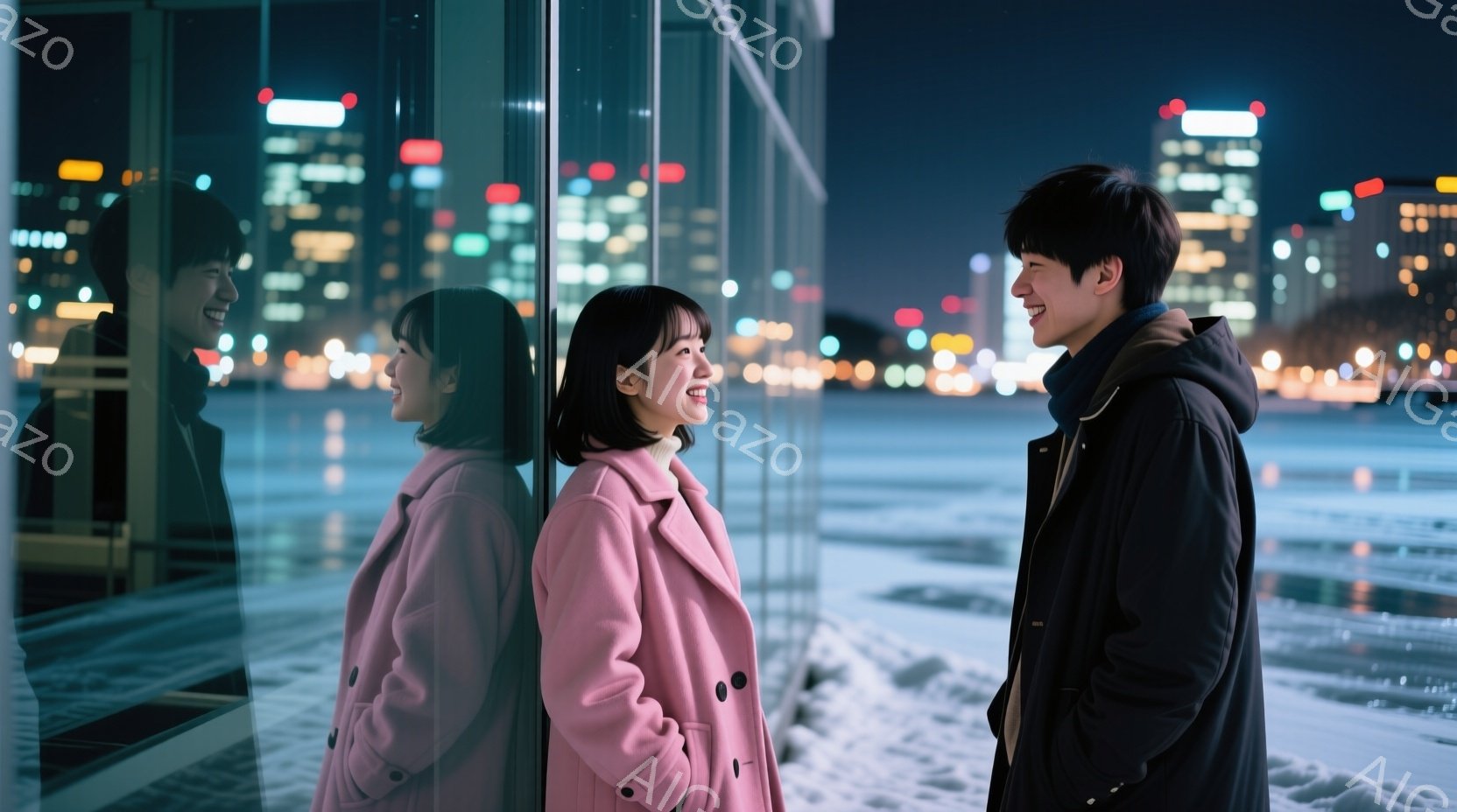 ガラス張りの壁の前で向き合って微笑む若い男女が写っています。女性はピンク色のコートに黒髪のショートヘアで、男性は黒いコートに青いマフラーを巻いています。背景には夜景の街並みと凍った湖が広がり、冬の夜のロマンチックな雰囲気を醸し出しています。