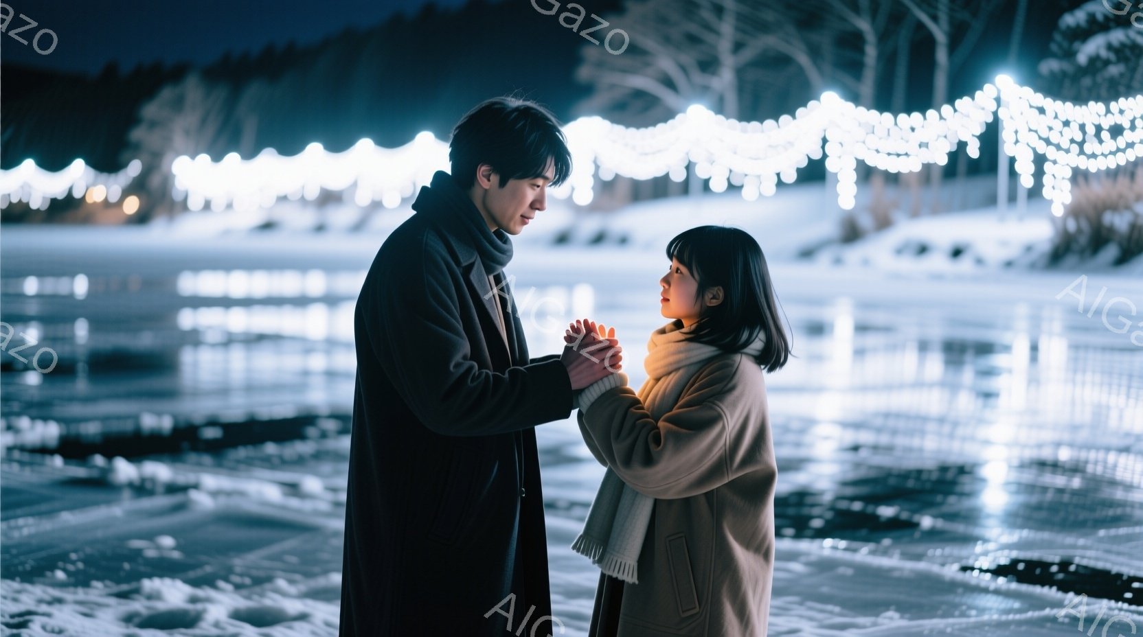 凍てつく湖畔で、男女が互いに向き合い、手を繋いでいる。男性は黒いコートを着ており、女性はクリーム色のコートとスカーフを身に着けている。背景にはきらめくイルミネーションと、雪に覆われた木々が広がり、静かでロマンチックな雰囲気を醸し出している。