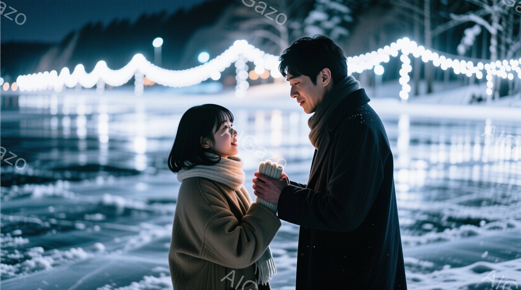 雪景色の中で寄り添う男女が写っています。女性はベージュのセーターとスカーフで暖かく、ショートヘアで微笑んでいます。男性は黒いコートを着ており、女性の手を優しく握り、二人は互いに見つめ合い、穏やかでロマンチックな雰囲気が漂っています。