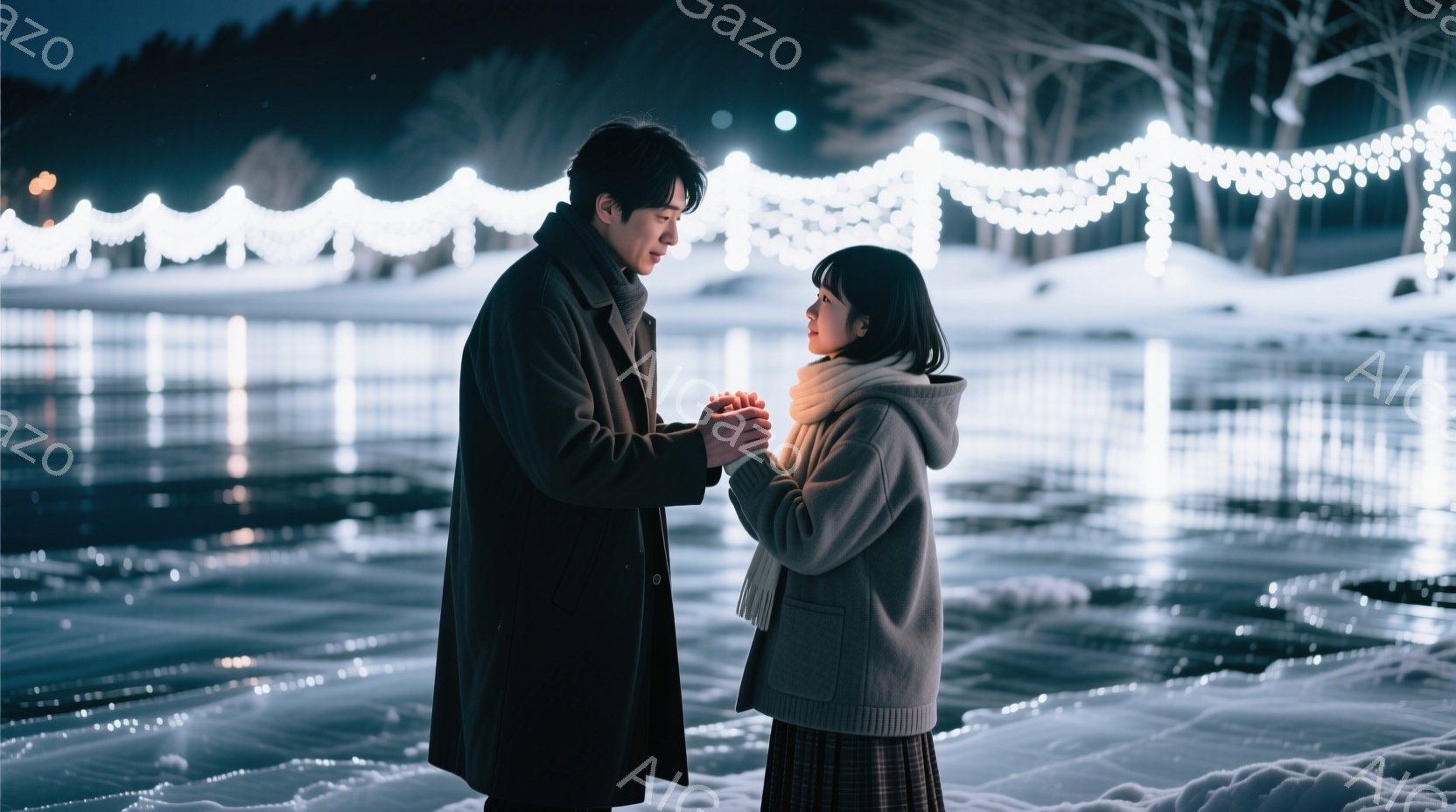 雪景色の中で、男女が手をつないで向かい合っています。男性は黒いコートを着ており、女性はベージュのパーカーとチェック柄のスカートを身につけ、マフラーを巻いています。背景には木々が立ち並び、光のイルミネー - AI生成フリー素材