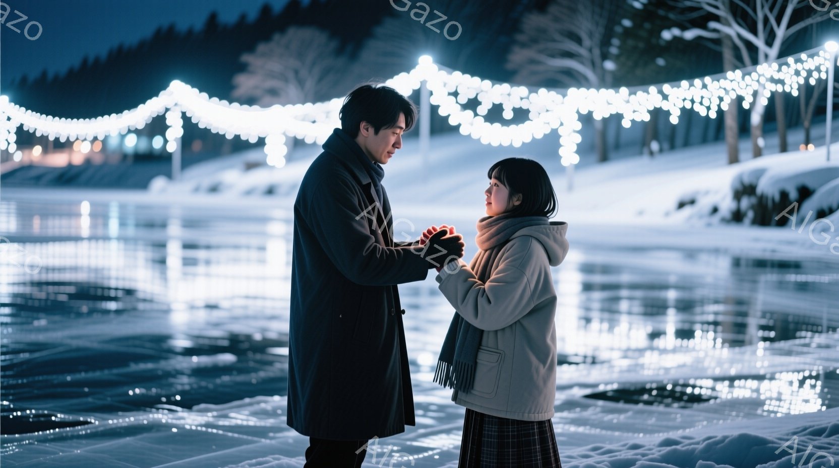 雪景色の中で、男女が向かい合って手をつないでいます。男性は黒いコートを着ており、女性はクリーム色のパーカーとチェックのスカート、そしてマフラーを身につけています。背景には、光り輝くイルミネーションと雪 - AI生成フリー素材