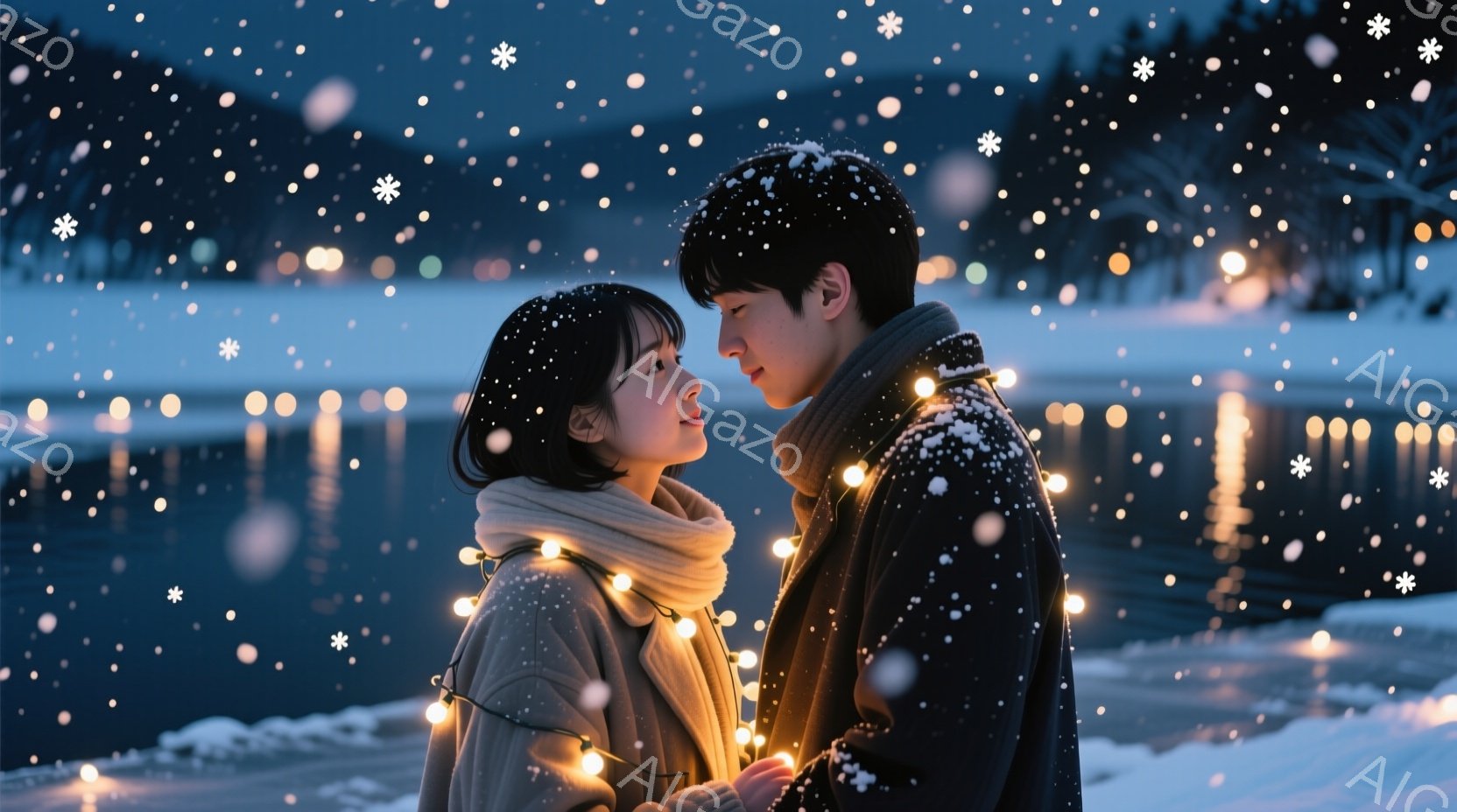 雪が降る夜、若い男女が寄り添い合っている。女性は黒髪のボブカットで、白いコートとマフラーを着用し、優しく微笑んでいる。男性は黒いコートを着ており、女性を見つめ、穏やかな表情をしている。