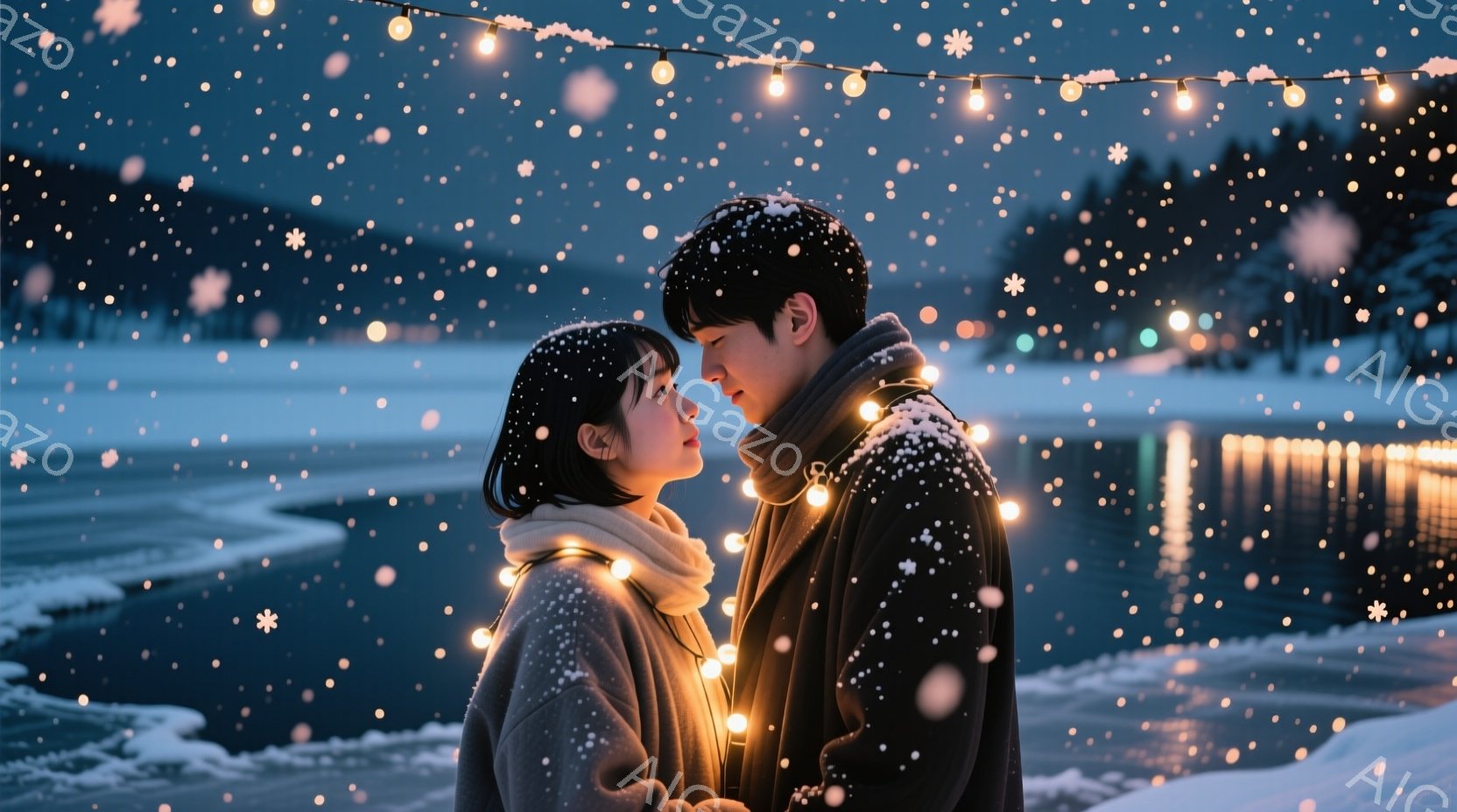 雪が降る中で、若い男女が寄り添い、互いを見つめ合っています。女性は短い黒髪で、クリーム色のコートを着ており、男性は黒いコートを着ています。背景には雪景色が広がり、暖かい光のイルミネーションが二人の上を - AI生成フリー素材