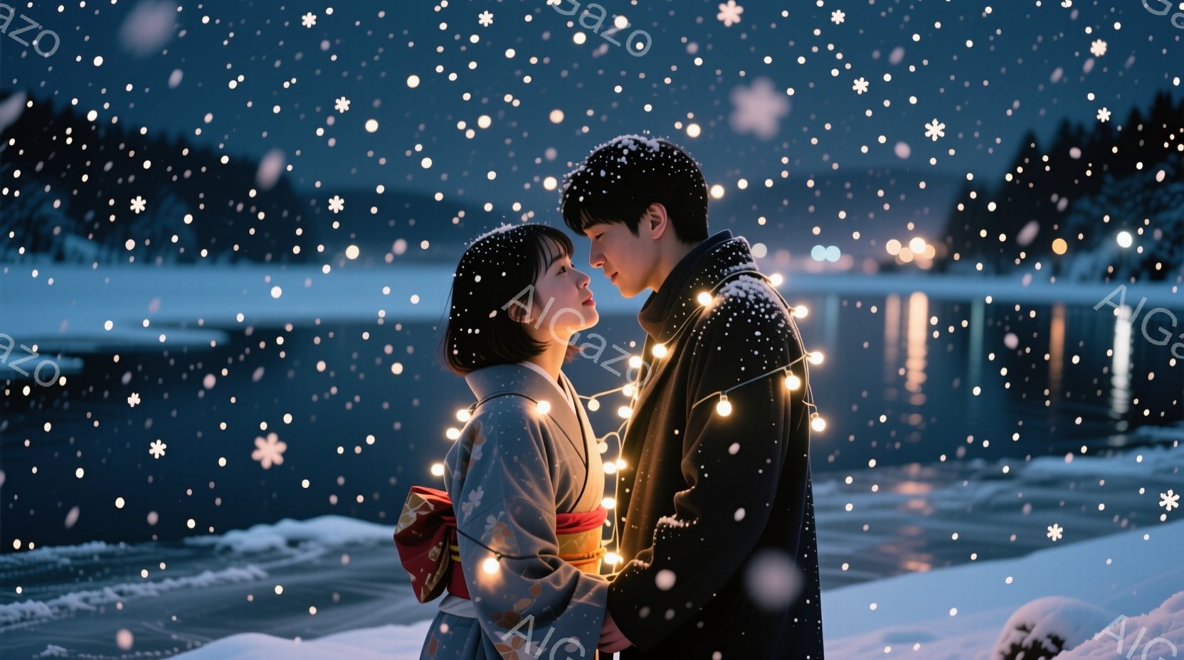 雪が降る夜、着物姿の女性とコートを着た男性が寄り添い、顔を見合わせています。女性は淡い藍色の着物を着ており、黒髪を短く切っています。背景には雪景色と湖、遠くの光が見え、ロマンチックで穏やかな雰囲気が漂 - AI生成フリー素材