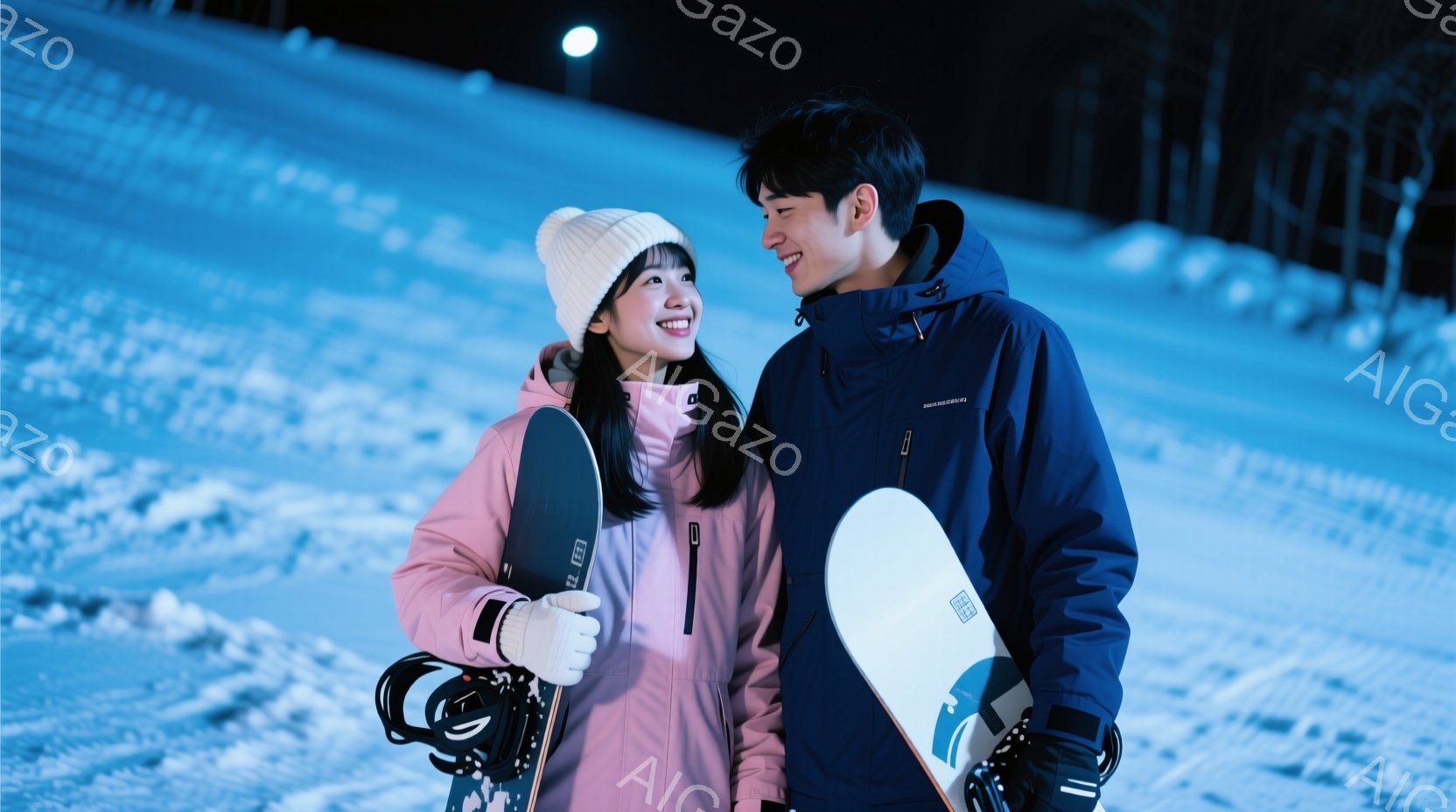 雪景色の中で、若い男女が並んで立っています。女性はピンク色のウィンタージャケットに白いニット帽をかぶり、笑顔を見せています。男性は紺色のジャケットを着ており、女性を見ながら楽しそうに笑っています。 - AI生成フリー素材