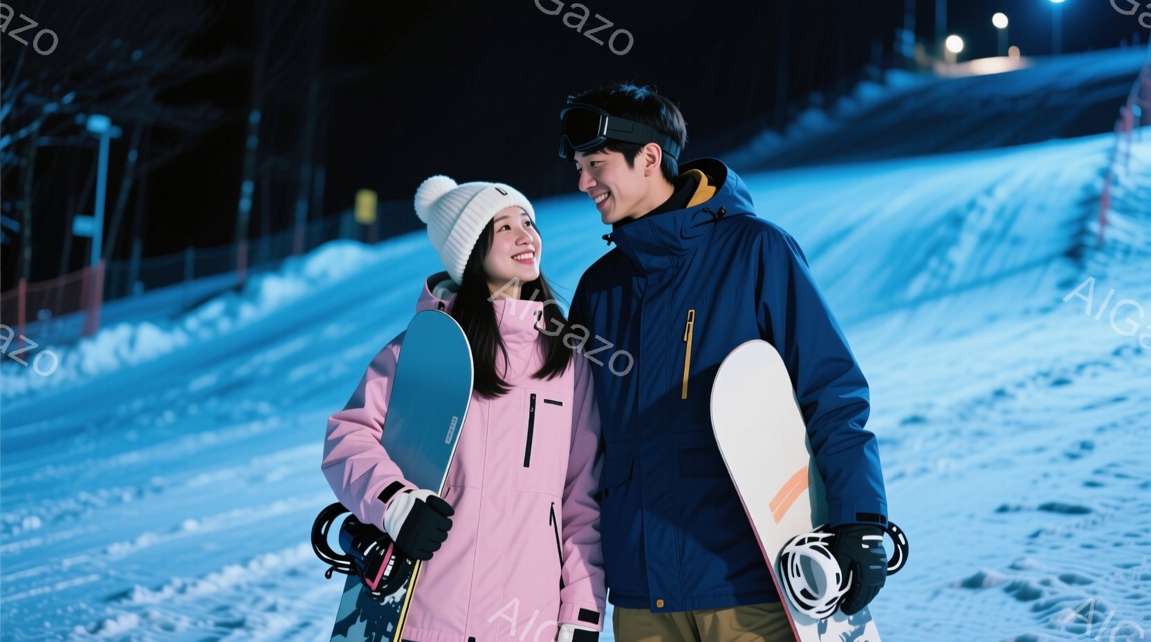 雪山を背景に、若い男女が寄り添って立っている。女性はピンク色のジャケットに白い帽子をかぶり、笑顔を見せている。男性は紺色のジャケットにサングラスをかけ、ボードを抱えながら女性を見つめている。 - AI生成フリー素材