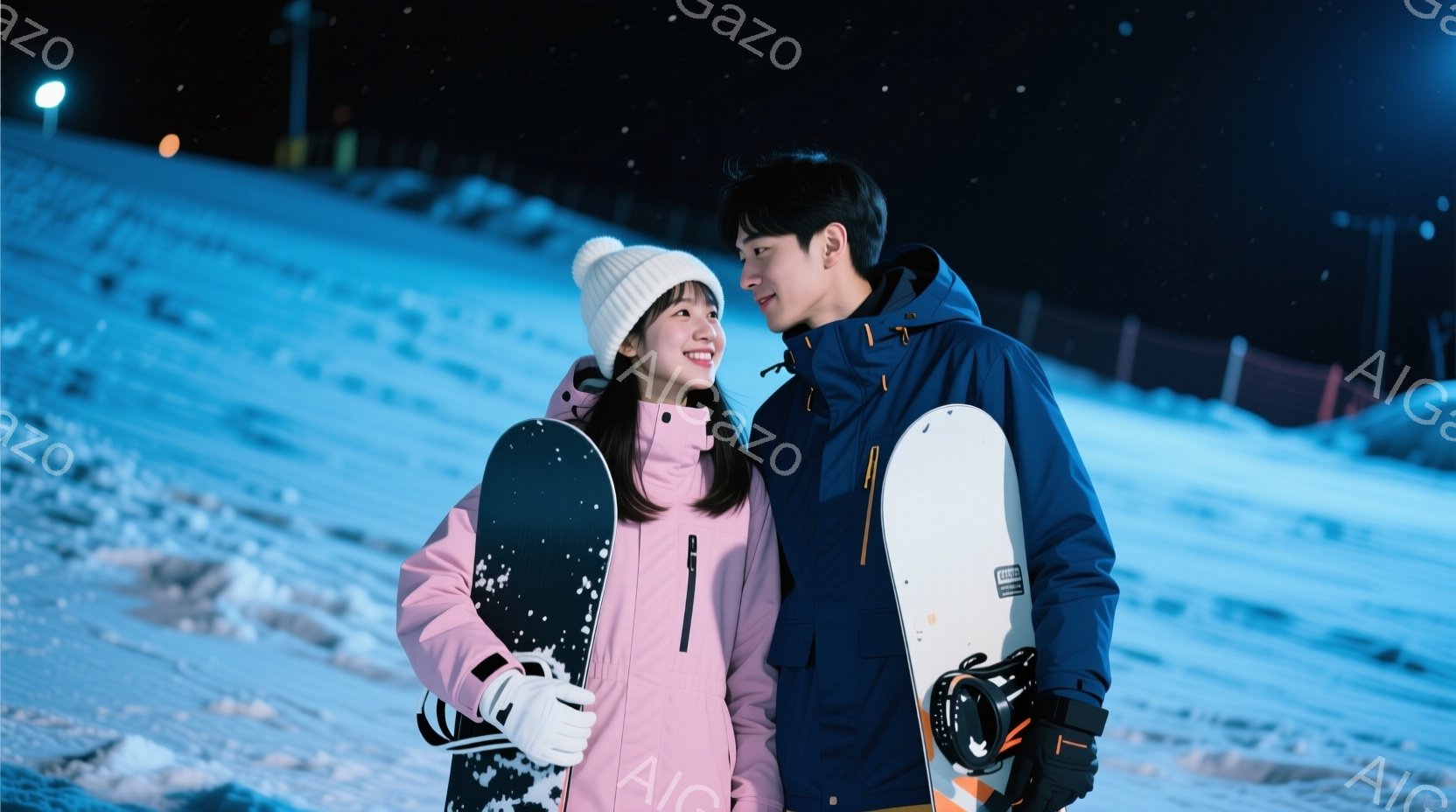 雪山を背景に、若い男女が寄り添って立っている。女性はピンクのスキーウェアに白い帽子をかぶり、笑顔で男性を見つめている。男性は紺色のスキーウェアを着て、女性の方を少し下を向いて見ているため、優しい雰囲気が漂っている。