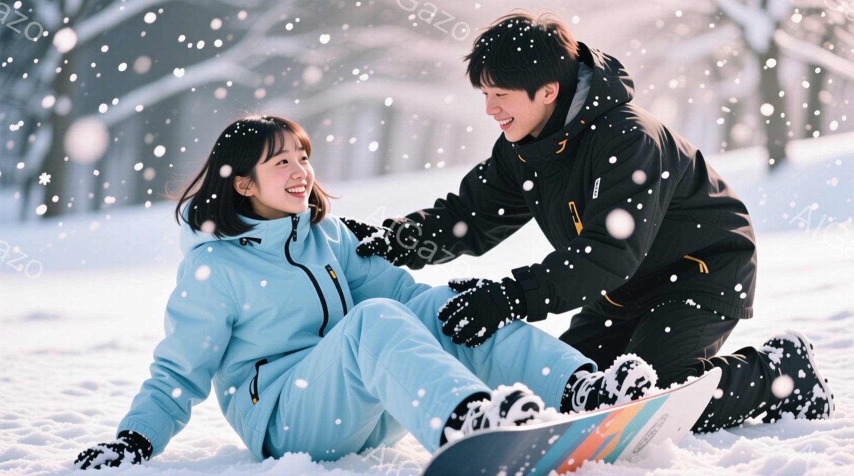 雪景色の中で、女性がスノーボードの上に座り、男性が彼女の手を引いて起こそうとしている場面です。女性は水色のスキーウェアに黒い手袋とブーツを着用し、笑顔を見せています。男性は黒いスキーウェアに黒い手袋とブーツを履き、優しく女性を見ながら手を差し伸べています。