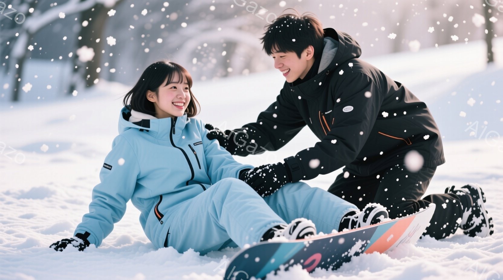 雪景色の中で、若い女性がスノーボードから転んで座っており、若い男性が彼女の手を引いて助けようとしています。女性は水色のスキーウェアを着ており、髪はポニーテール、顔には笑顔が広がっています。男性は黒色のスキーウェアを着ており、彼女に手を差し伸べて心配そうな表情を浮かべています。