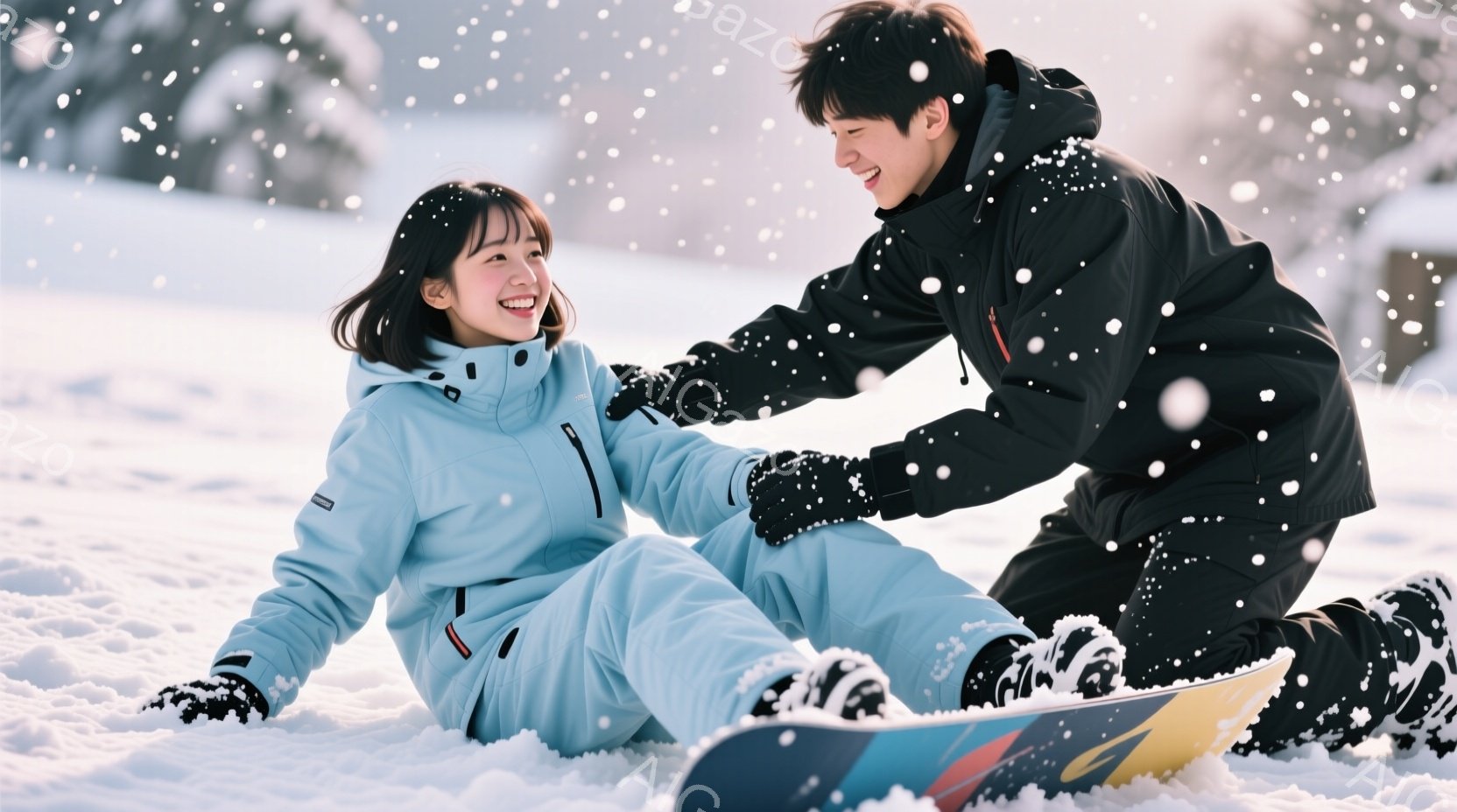 雪景色の中で、女性がスノーボードの上に座り、笑顔でこちらを見ている。彼女は水色のスキーウェアと黒いブーツを着用し、髪は短く、顔色は明るい。男性は黒いスキーウェアを着て、女性に手を差し伸べ、楽しそうに微笑んでいる。