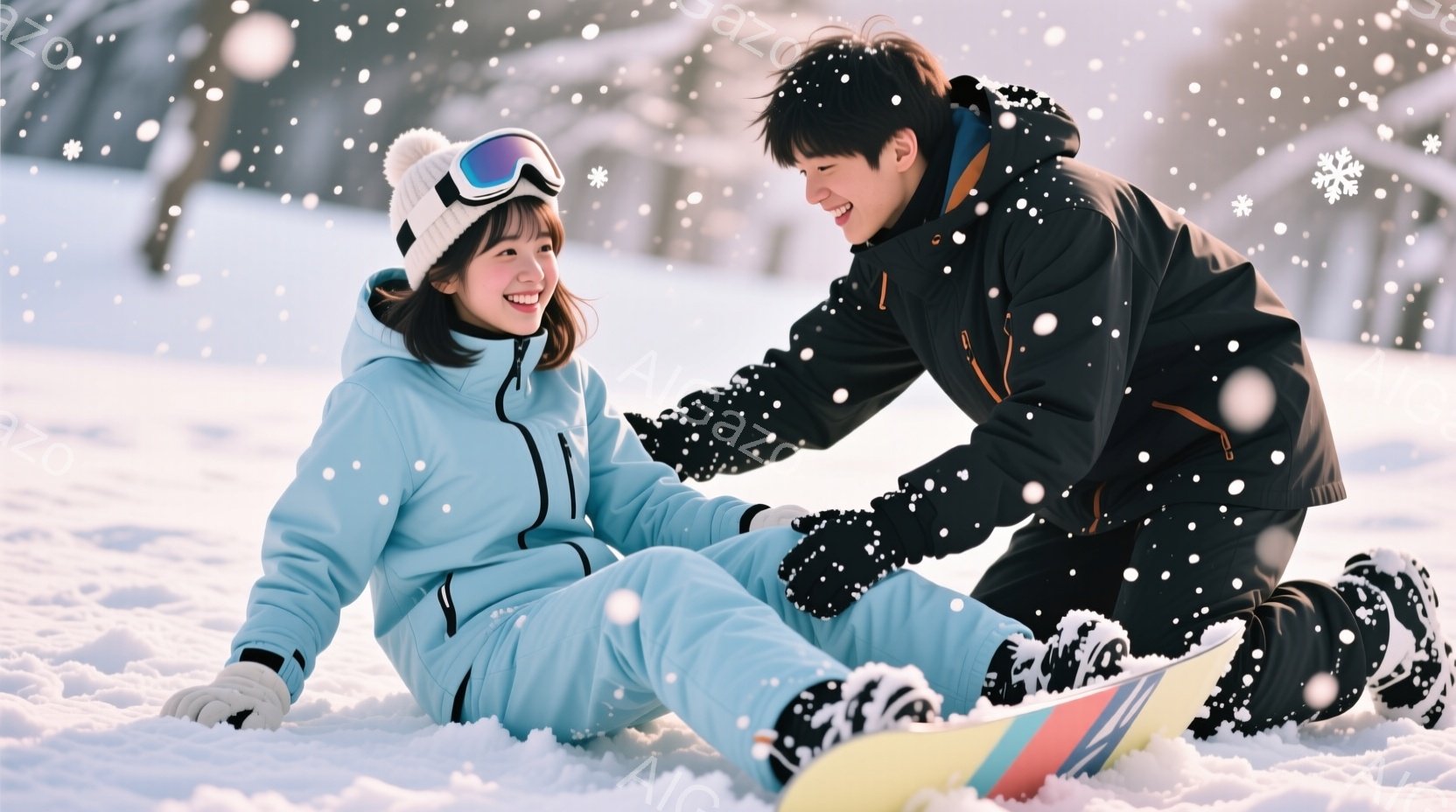 雪景色の中で、水色のスキーウェアを着た女性が雪の上に座り、転んでいるようです。彼女はピンクのゴーグルと白いニット帽をかぶり、笑顔で楽しんでいます。黒いジャケットを着た男性が彼女に手を差し伸べ、助けようとしている様子で、二人の間には雪板が置かれています。