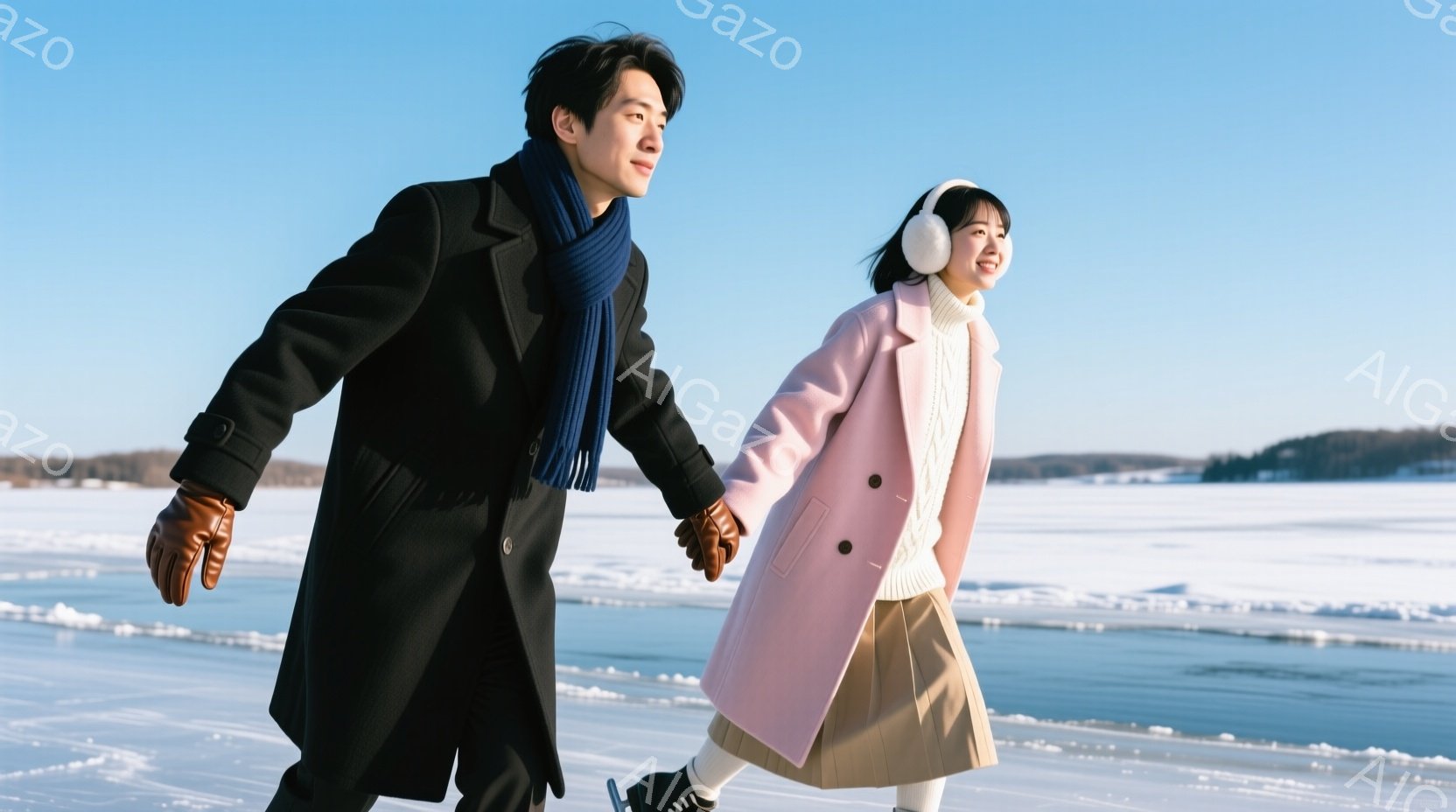 リンクの上で、一対の男女が手をつないでスケートを楽しんでいる様子が描かれている。男性は黒いコート、ブルーのストール、茶色の手袋を着用し、女性はピンク色のコート、ベージュのスカート、白いヘッドホンを着用している。背景には雪に覆われた湖と遠くの森林があり、晴天で冷たい冬の日の穏やかで温かい雰囲気が漂っている。