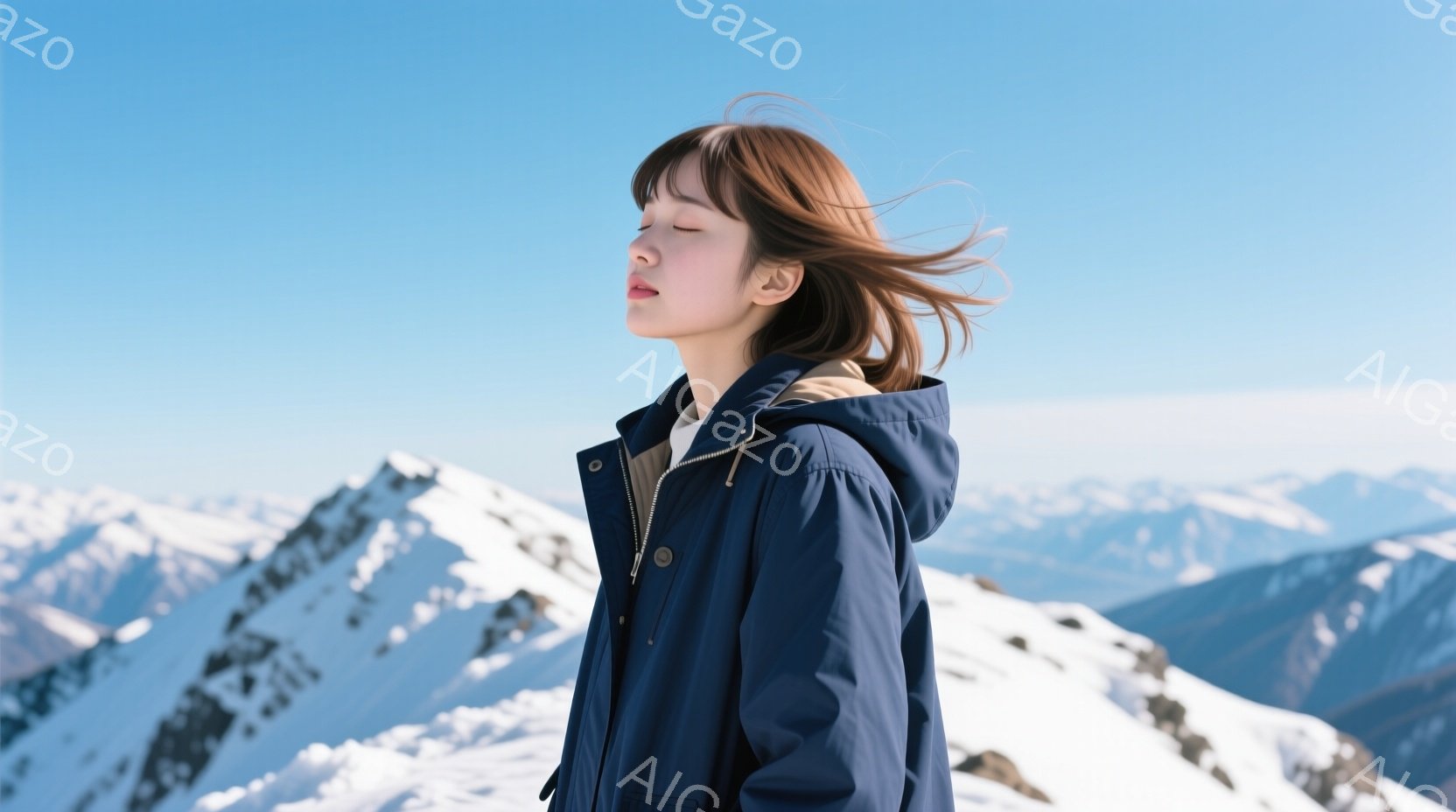 紺色のパーカーを着た若い女性が、雪山を背景に目を閉じて立っている。風が彼女の髪をなびかせ、表情は穏やかで、どこか安らぎを感じさせる。背景には、雪を頂いた山々が広がり、晴天の下、爽やかな冬の景色が広がっ - AI生成フリー素材
