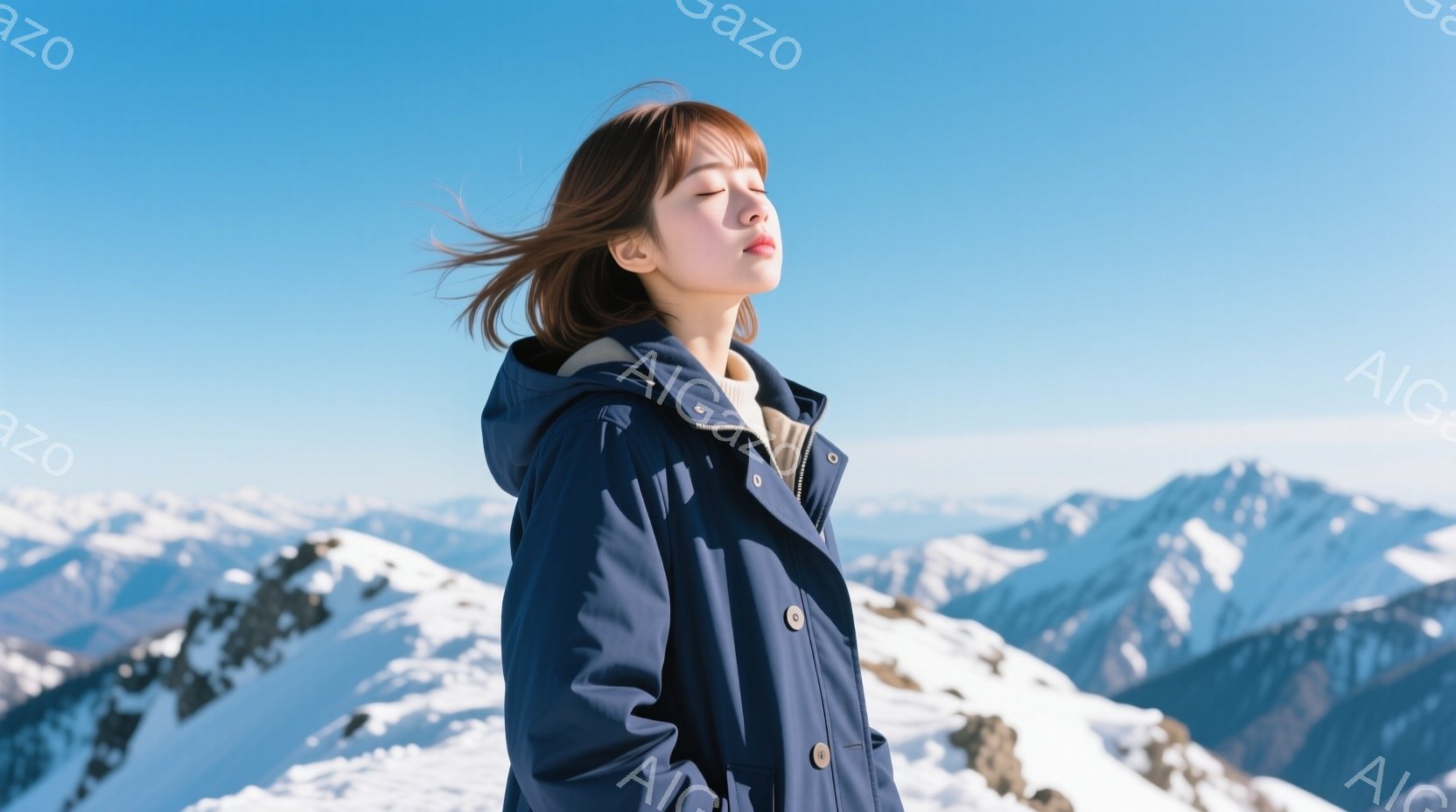 雪山を背景に、紺色のコートを着た若い女性が目を閉じて立っている。彼女はゆるいウェーブの茶髪で、風になびいている。背景には雪を頂いた山々が広がり、晴天の下、爽やかな冬の景色が広がっている。 - AI生成フリー素材