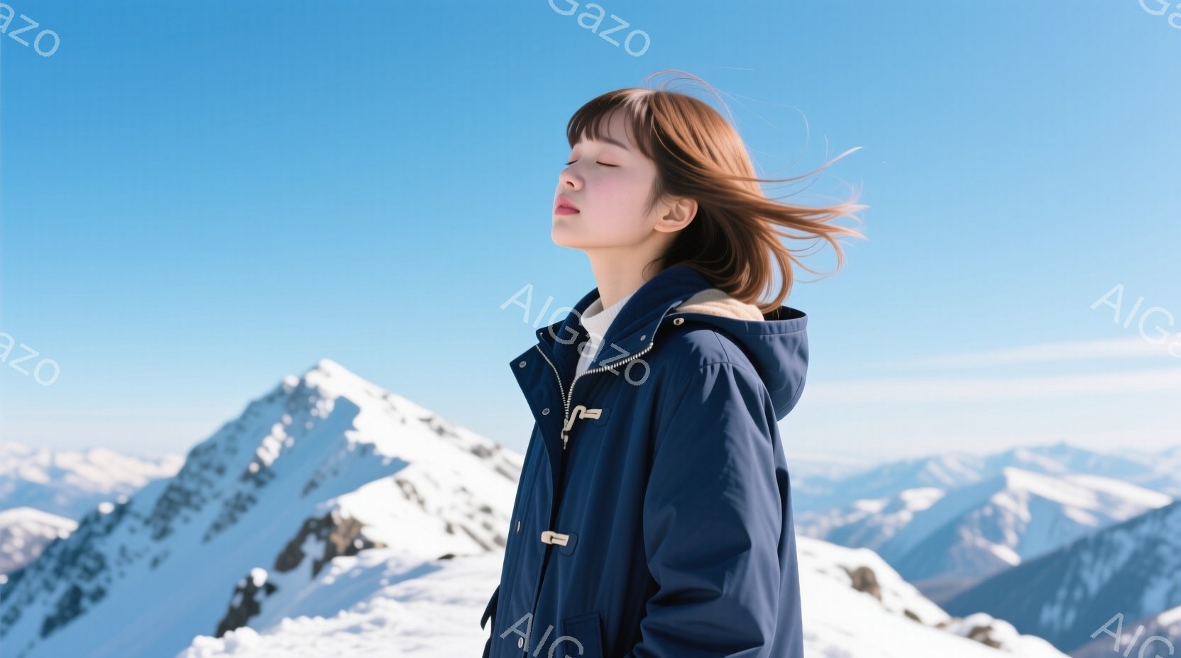 雪山を背景に、紺色のパーカーを着た若い女性が目を閉じて立っています。彼女は茶色の髪をサイドパートにしており、風になびいています。背景には雪を頂いた山々が広がり、晴天の下、澄んだ青空が広がっています。 - AI生成フリー素材